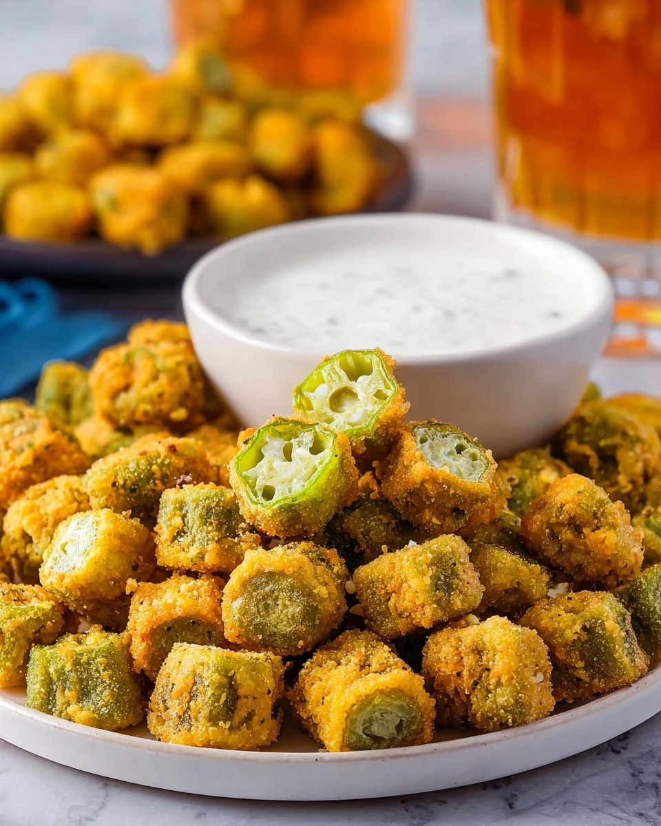 A white plate is filled with many small, round pieces of golden fried okra, showing a crunchy, textured coating with some green okra visible inside. One piece at the top is open, revealing the inside seeds of the okra. Behind the plate, there is a white bowl filled with white dipping sauce with a smooth texture. In the background, blurred but visible, is a glass of amber-colored drink and more fried okra. The whole scene is set on a white marbled surface photo taken with an iphone --ar 4:5 --v 7