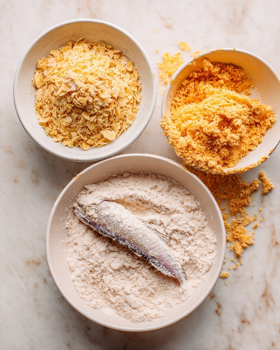 The image shows three white bowls on a white marbled surface, each holding a different coating ingredient. The bowl at the front has a pale, powdery flour with a long piece of raw fish dusted with flour placed in the center. Behind it to the left is a bowl filled with coarse, golden crushed cornflakes. To the right of that is a bowl with an orange, slightly textured batter with the same piece of fish partially dipped and coated in it. The focus is on the process of preparing the fish for coating, with the vibrant colors and textures of flour, batter, and crushed cornflakes clearly visible. photo taken with an iphone --ar 4:5 --v 7