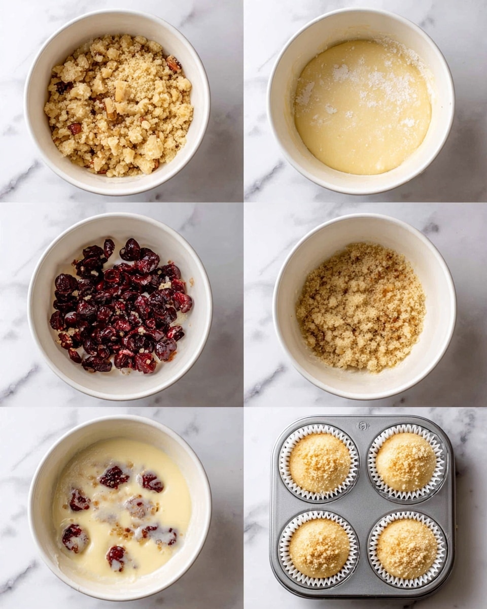The images show the process of making muffins in six steps. Image 1 has a white bowl with golden crumb topping inside it, chunky and crumbly in texture. Image 2 shows a white bowl with smooth, pale yellow batter that has some flour still visible on top. Image 3 displays a white bowl with pale batter at the bottom and a heap of chopped dark red cherries on top. Image 4 shows the batter fully mixed with cherries, creating a creamy mixture with red and white speckles throughout. Image 5 presents a silver muffin tray with six white paper liners filled with the cherry batter, rounded at the top and ready for baking. Image 6 has the same silver muffin tray with the paper liners now topped with the golden crumb mixture from the first image, sprinkled evenly over the batter. All are set against a white marbled surface. Photo taken with an iphone --ar 4:5 --v 7