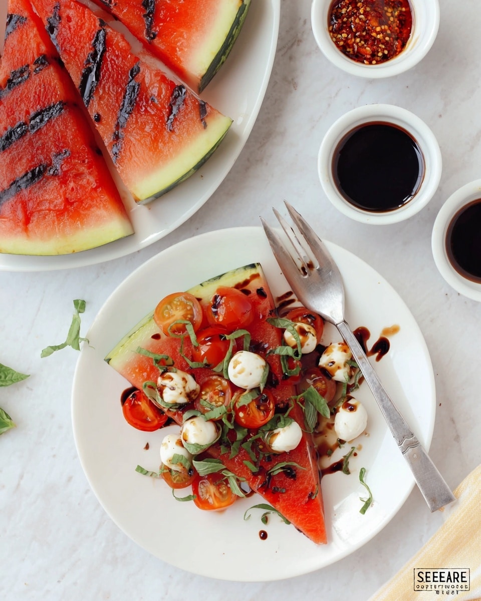 The image shows a white plate with one wedge of grilled watermelon as the base layer, its red flesh marked with light grill lines and a green rind on the edge. On top, there are small white mozzarella balls and halved cherry tomatoes, adding bright red and white spots. Fresh thinly sliced green basil is scattered over these layers. A dark, glossy balsamic glaze is drizzled across the top, creating a shiny contrast with the other ingredients. A silver fork rests beside the watermelon slice inside the plate. Above this plate, there is a second white plate holding several large grilled watermelon wedges with char marks, placed on a white marbled surface. Two small white bowls containing dark balsamic glaze and a spicy chili sauce are nearby. photo taken with an iphone --ar 4:5 --v 7