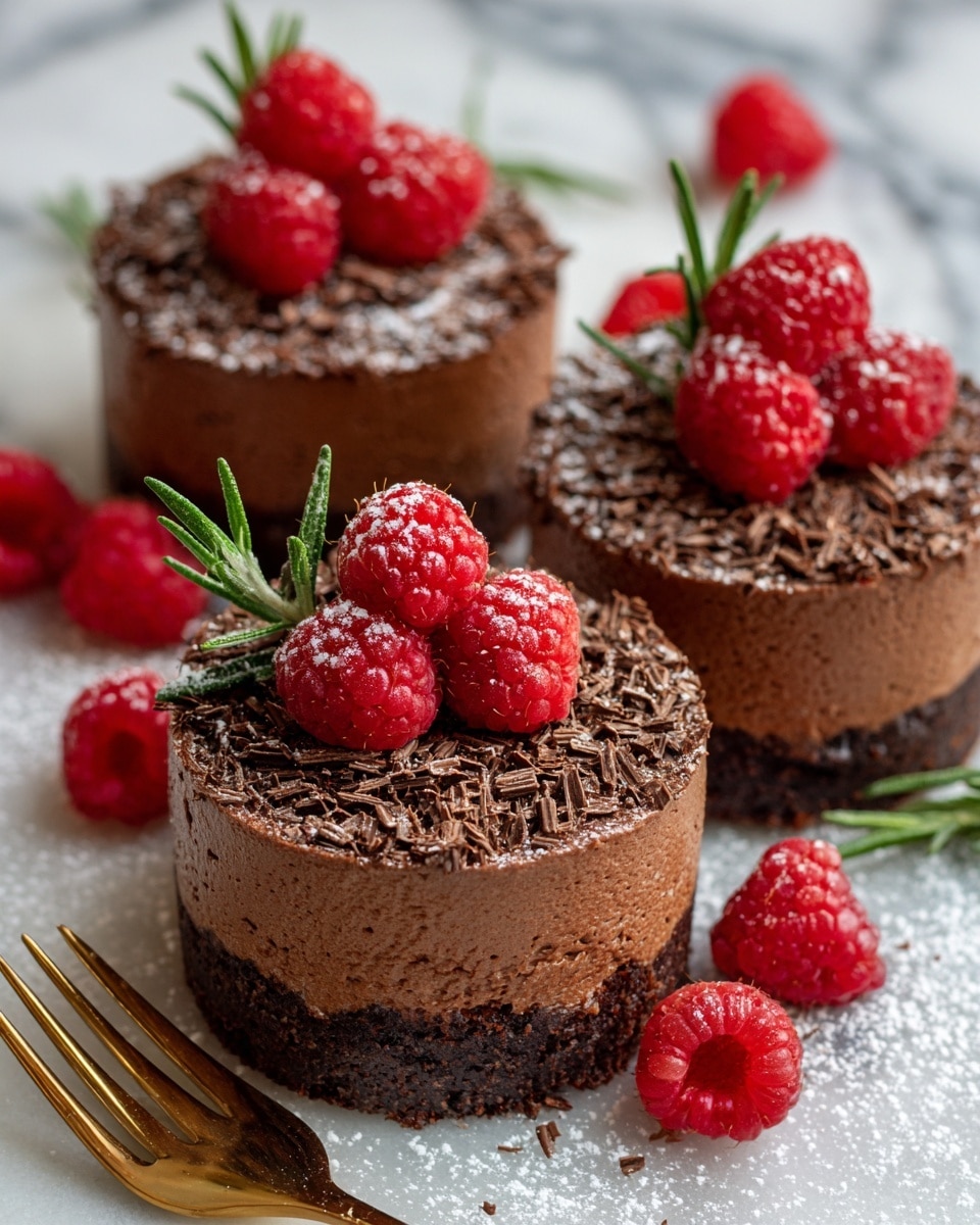 The image shows three small round chocolate cakes. Each cake has two main layers: a thick dark brown chocolate base and a slightly lighter chocolate cream top, covered with fine dark chocolate shavings. On top of each cake sits a single bright red raspberry, adding a pop of color to the brown tones. The cakes are placed close together on a white marbled surface dusted lightly with powdered sugar. Around the cakes, additional fresh raspberries and small green rosemary sprigs add detail and contrast. A gold fork lies near one of the cakes. Photo taken with an iphone --ar 4:5 --v 7