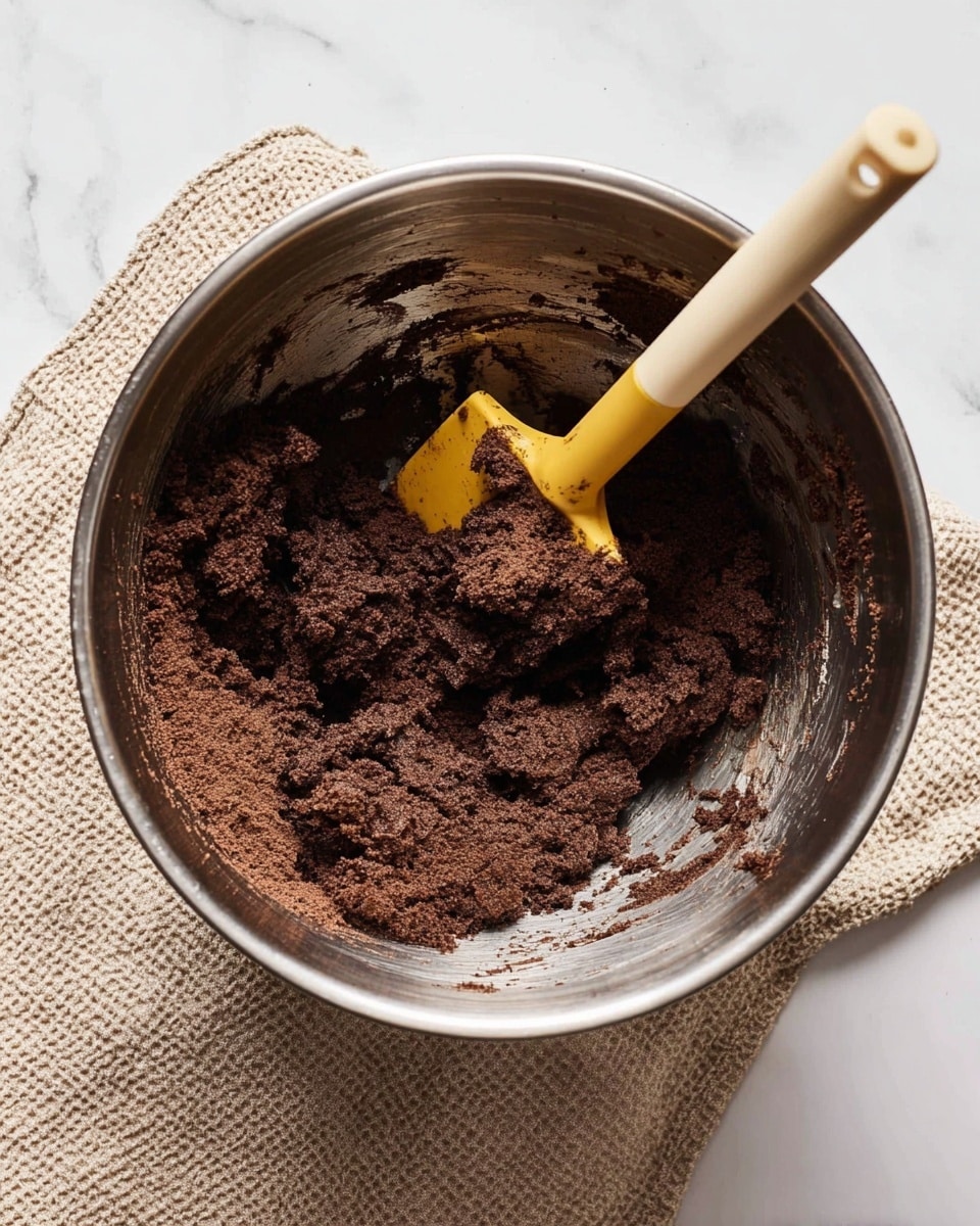A large silver mixing bowl holds a thick dark brown chocolate dough with a rough, crumbly texture. Inside the bowl, a yellow spatula with a beige handle rests on the dough, partially covered in the mixture. The bowl sits on a white marbled surface next to a beige, textured cloth. The dough sticks slightly to the sides of the bowl and looks dense and rich. photo taken with an iphone --ar 4:5 --v 7