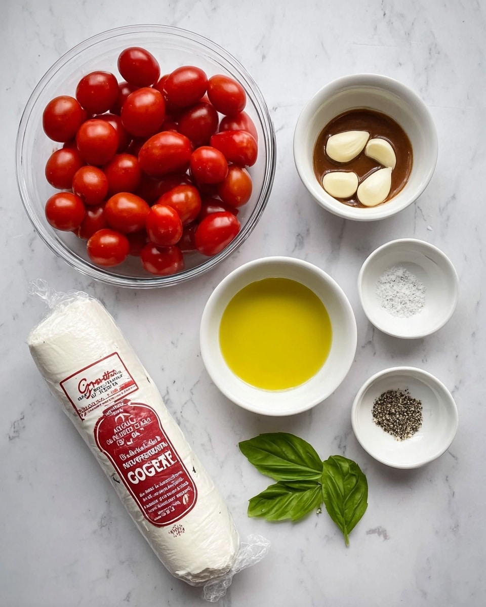 The image shows clear container filled with small red cherry tomatoes on the top left, four peeled garlic cloves placed above the center, and a small white bowl with brown sauce to the right of garlic. Below the tomatoes is a small white bowl with yellow olive oil, two green basil leaves in the middle, and a wrapped white log of goat cheese with red and black label at the bottom center. On the right side, there is a small white bowl with black pepper and another small white bowl with salt, all arranged on a white marbled surface photo taken with an iphone --ar 4:5 --v 7