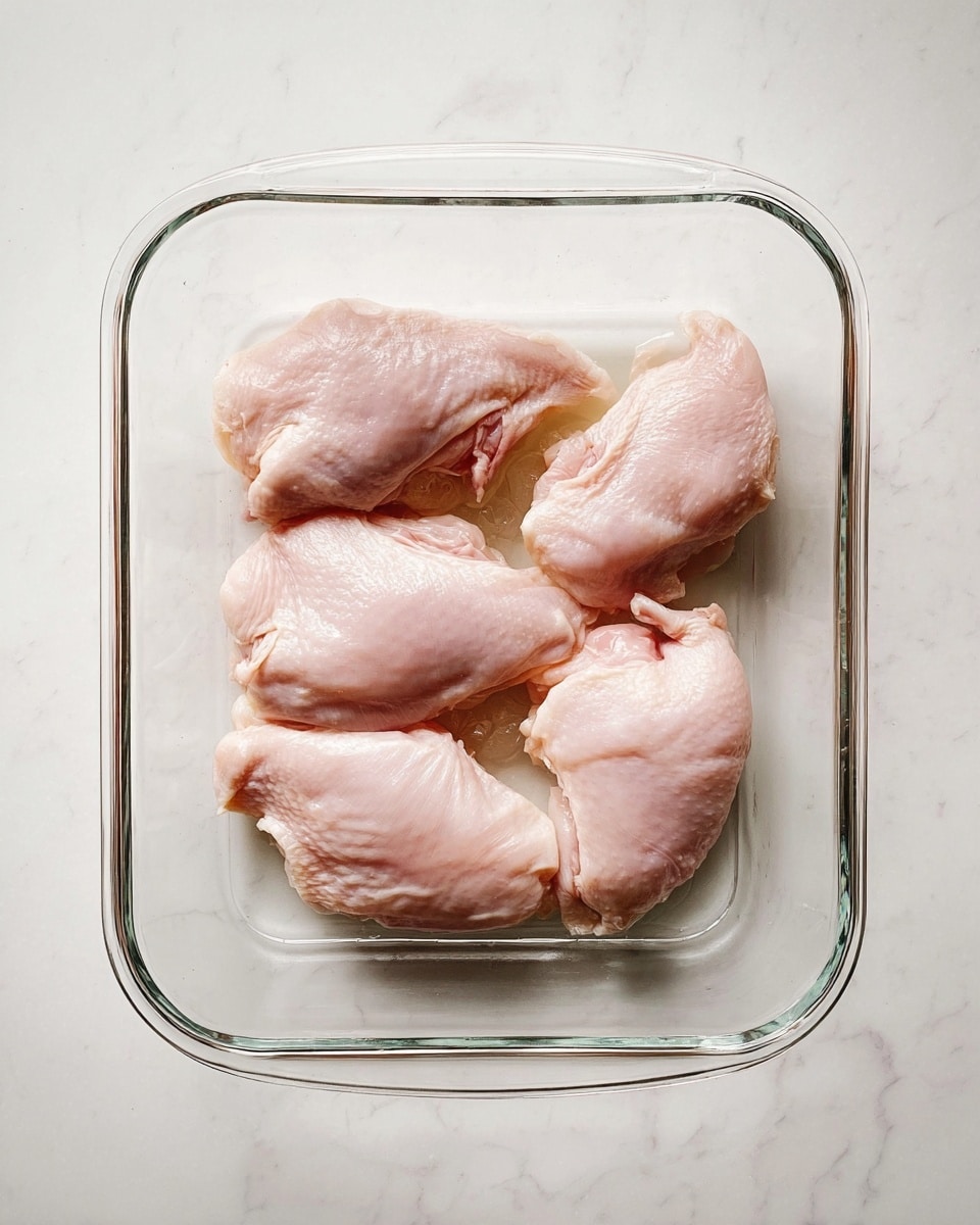Four raw pale pink chicken pieces are neatly placed side by side in a clear glass rectangular baking dish. The dish sits on a white marbled surface, and the chicken has a smooth, slightly shiny texture with some natural wrinkles. The top view shows each piece filling the dish, with soft shadows around them. photo taken with an iphone --ar 4:5 --v 7