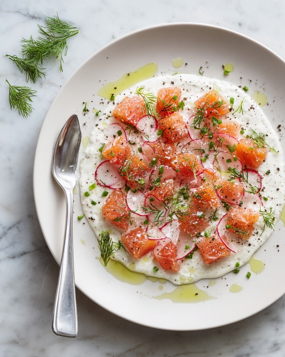 A white plate filled with small cubes of orange raw salmon scattered evenly on a creamy white sauce layer that covers the entire base. Thin slices of radish with white centers and red edges are mixed with the salmon pieces. Delicate green dill sprigs are spread across the dish, adding contrast. Small droplets of green oil are dotted around the plate, and black pepper is lightly sprinkled over the dish. A silver fork is placed on the left side of the plate. The plate sits on a white marbled surface, with a small green dill sprig nearby. Photo taken with an iphone --ar 4:5 --v 7