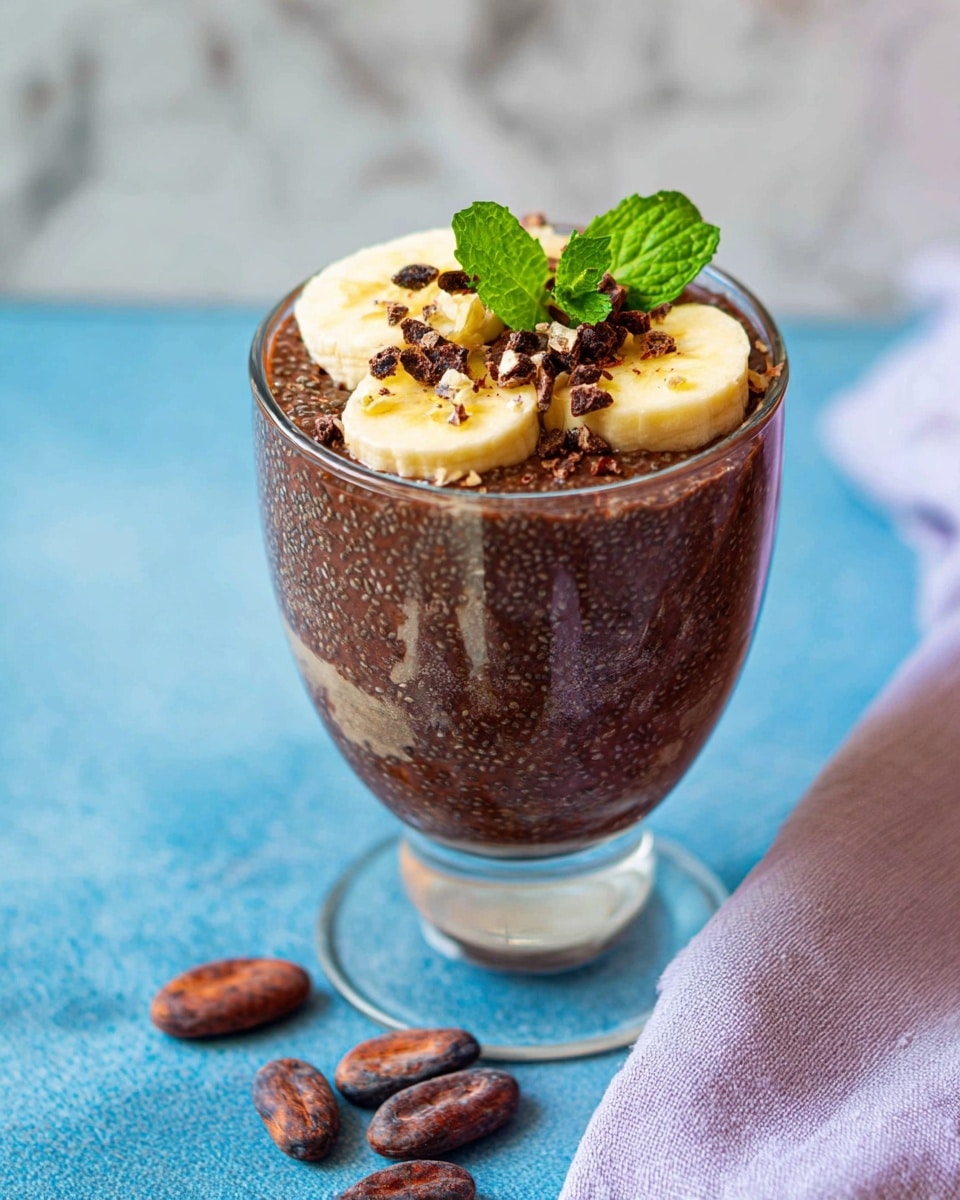 The image shows a clear glass cup with a thick chocolate chia pudding inside. The pudding is dark brown and has a grainy texture. There are slices of light yellow banana pressed against the inside walls of the glass, visible from the outside. On top, the pudding is garnished with small chunks of banana, dark brown cacao nibs, and a small fresh green mint leaf. The glass is placed on a blue surface with a soft folded light purple cloth nearby and some cacao beans scattered in front of the glass. The background is a white marbled texture. Photo taken with an iphone --ar 4:5 --v 7
