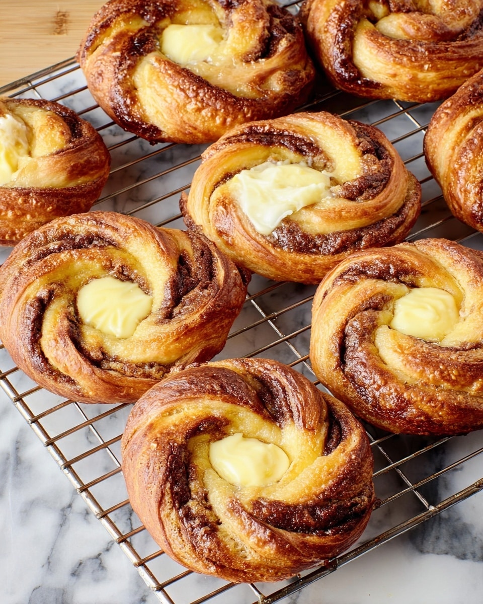 Seven golden brown twisted pastries with a shiny crust sit on a metal cooling rack. Each pastry has two visible layers: a twisted outer dough layer with a rich brown spread inside, and a smooth pale yellow cream dollop in the center. The pastries are arranged close together on the rack, which rests on a white marbled surface. Photo taken with an iphone --ar 4:5 --v 7