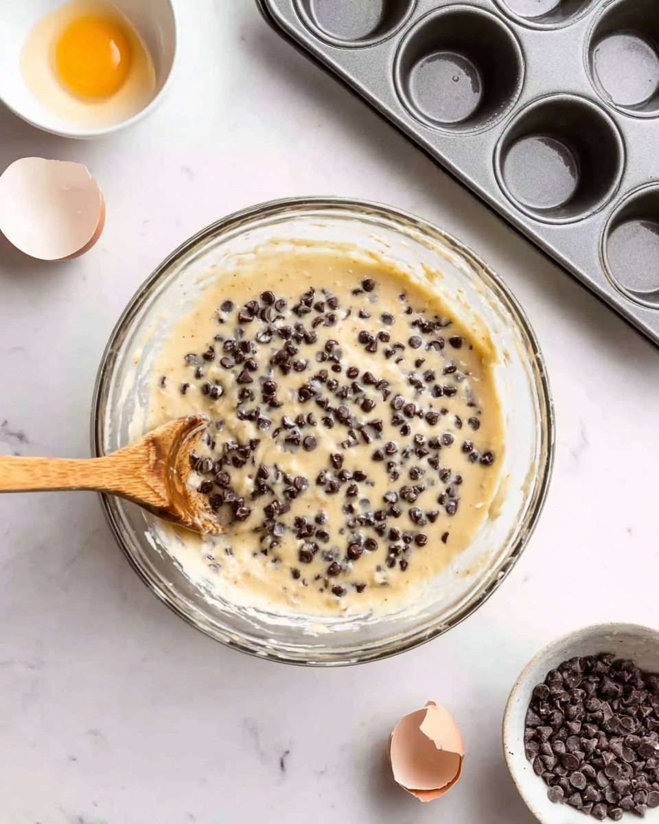 A clear glass bowl filled with pale yellow batter mixed with many small dark brown chocolate chips spread evenly throughout. A wooden spoon with a smooth texture is partially dipped in the mixture on the left side. The bowl sits on a white marbled surface with a small round white bowl of broken eggshells to the left, a gray metal muffin tray with six empty cups in the top right, a small white bowl filled with extra chocolate chips in the bottom right, and a single eggshell half to the right near the top corner. The scene looks clean and bright. photo taken with an iphone --ar 4:5 --v 7