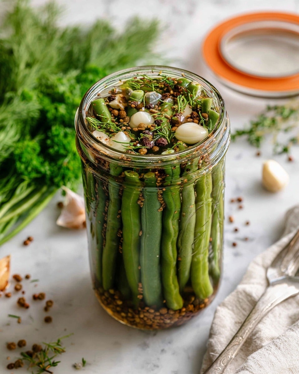 The image shows a clear glass jar filled with whole green beans standing upright, packed tightly inside. On top of the beans, there is a layer of brine liquid with various floating ingredients, including white garlic cloves, green herb sprigs, and small brown mustard seeds. The jar is placed on a white marbled surface with some scattered seeds and herbs around it. The background includes fresh green herb bunches and a partially visible glass lid with an orange rim resting nearby. A silver fork lies to the right on a white cloth, and a woman's hand is not directly visible in the image. Photo taken with an iphone --ar 4:5 --v 7