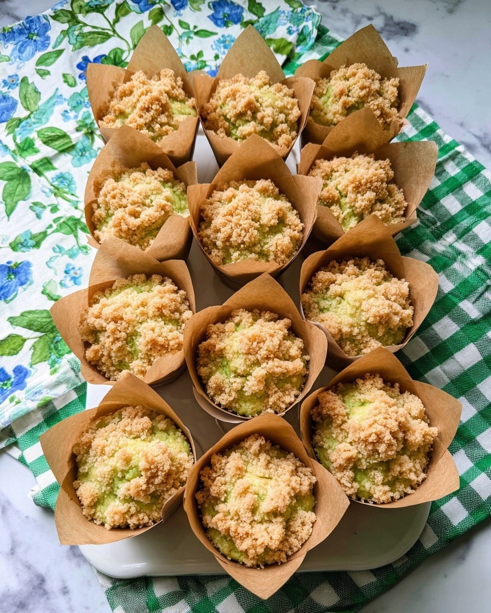 The image shows twelve green muffins with crumbly light brown topping arranged in a 4 by 3 grid on a white tray. Each muffin is wrapped in brown parchment paper that folds upwards around the edges. The muffins are fluffy with a textured green surface under the uneven crumb topping. This setup is placed on a surface with a white marbled texture, partly covered by a green and white checkered cloth and a floral cloth with blue flowers and green leaves. The lighting is bright and natural. Photo taken with an iphone --ar 4:5 --v 7