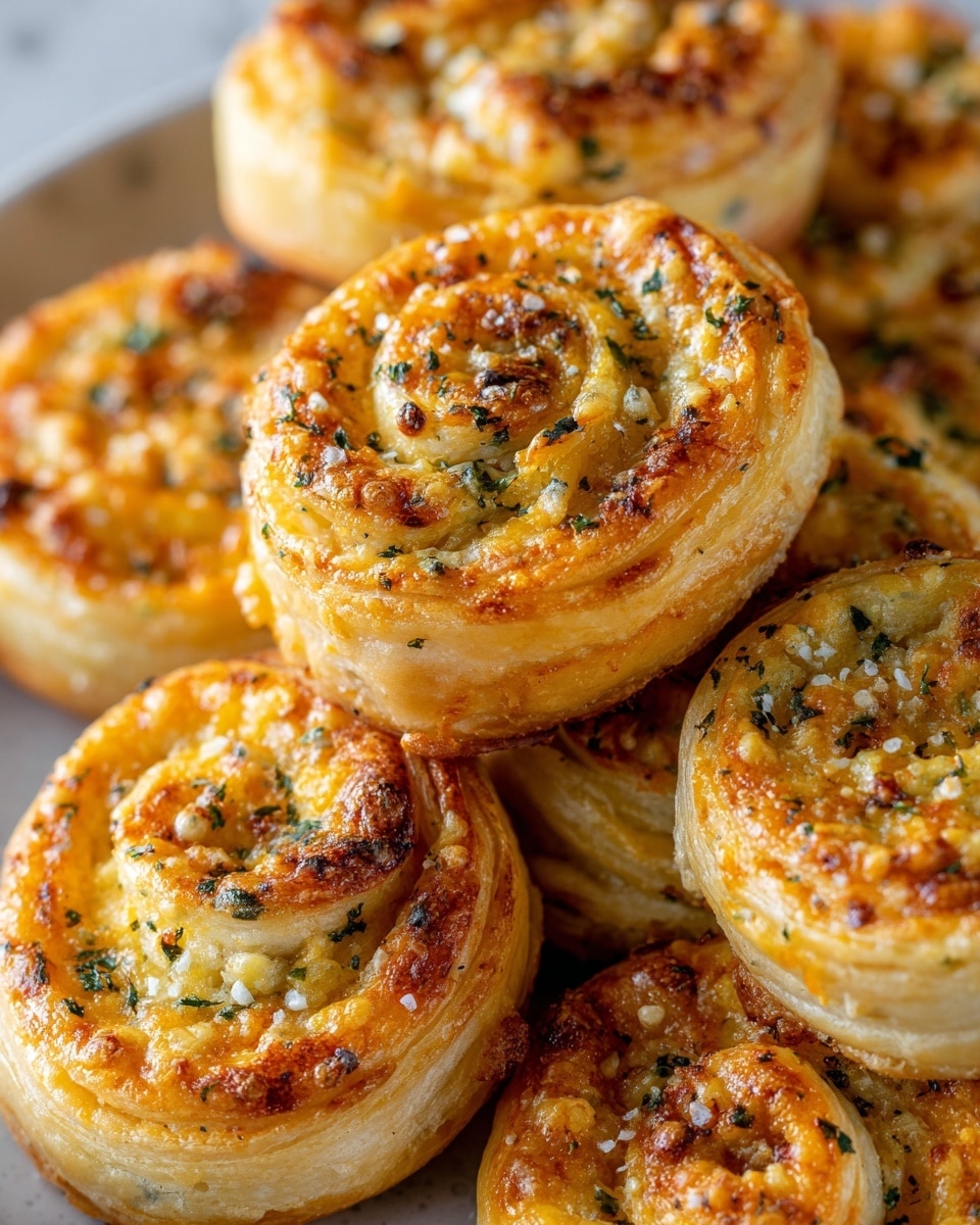 A close-up of many small, round puff pastry pinwheels stacked on a white plate; each pinwheel has multiple layers of golden-brown flaky dough spiraled around an orange cheese and herb filling, speckled with small green herbs and black pepper, with a slightly crispy texture on top. The background is a white marbled surface. Photo taken with an iphone --ar 4:5 --v 7