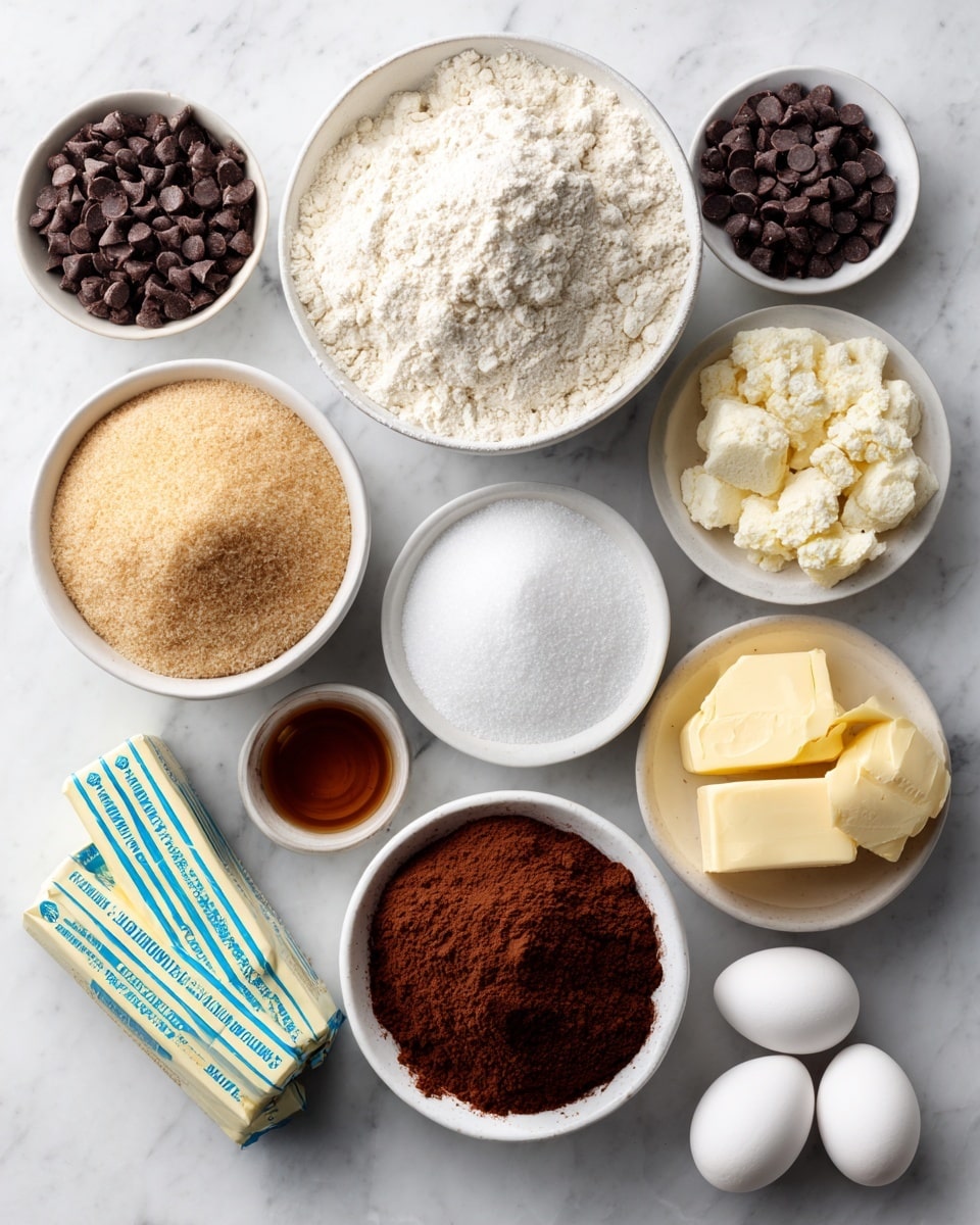 The image shows various baking ingredients arranged on a white marbled surface, each in a white bowl or container. At the top center is a white bowl filled with all-purpose flour, its light beige color and powdery texture visible. To the left below it is a white bowl with dark brown chocolate chips. To the right of the chocolate chips bowl is another white bowl filled with fine white sugar. Below the sugar is a white bowl containing cocoa powder, rich dark brown and finely ground. Below the flour and sugar bowls to the left is a white bowl filled with light brown sugar that looks soft and slightly clumpy. Near the center bottom are two sticks of butter wrapped in blue and yellow packaging. To the left of the butter is a small white bowl with vanilla extract, dark amber in color. To the right of the butter are two white eggs sitting on a small round plain beige dish. Near the eggs is a pinch of salt and a small amount of baking soda placed next to each other on the surface. Everything is neatly placed with clear labeling text on each item. Photo taken with an iphone --ar 4:5 --v 7