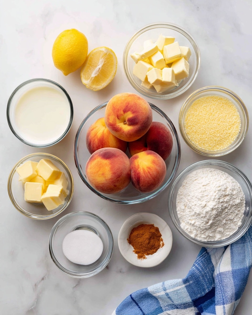 A white marbled surface holds several small clear glass bowls arranged neatly in a circle with labeled ingredients. At the center, a medium clear glass bowl full of five ripe peaches with soft orange and red tones and a velvety texture. Surrounding it, from top left to right, are bowls containing two lemon wedges, small yellow butter cubes, and a pale liquid of buttermilk. Below, a tiny bowl holds a white salt, another small bowl with light vanilla extract, a bowl of yellow cornmeal, white flour, and a bowl filled with white sugar. Near the right edge, a tiny bowl contains a small amount of cinnamon with a warm reddish-brown color. A blue and white checkered cloth is partially visible in the bottom right corner. The whole scene is bright and clean, with the ingredients well spaced and easy to see, photo taken with an iphone --ar 4:5 --v 7