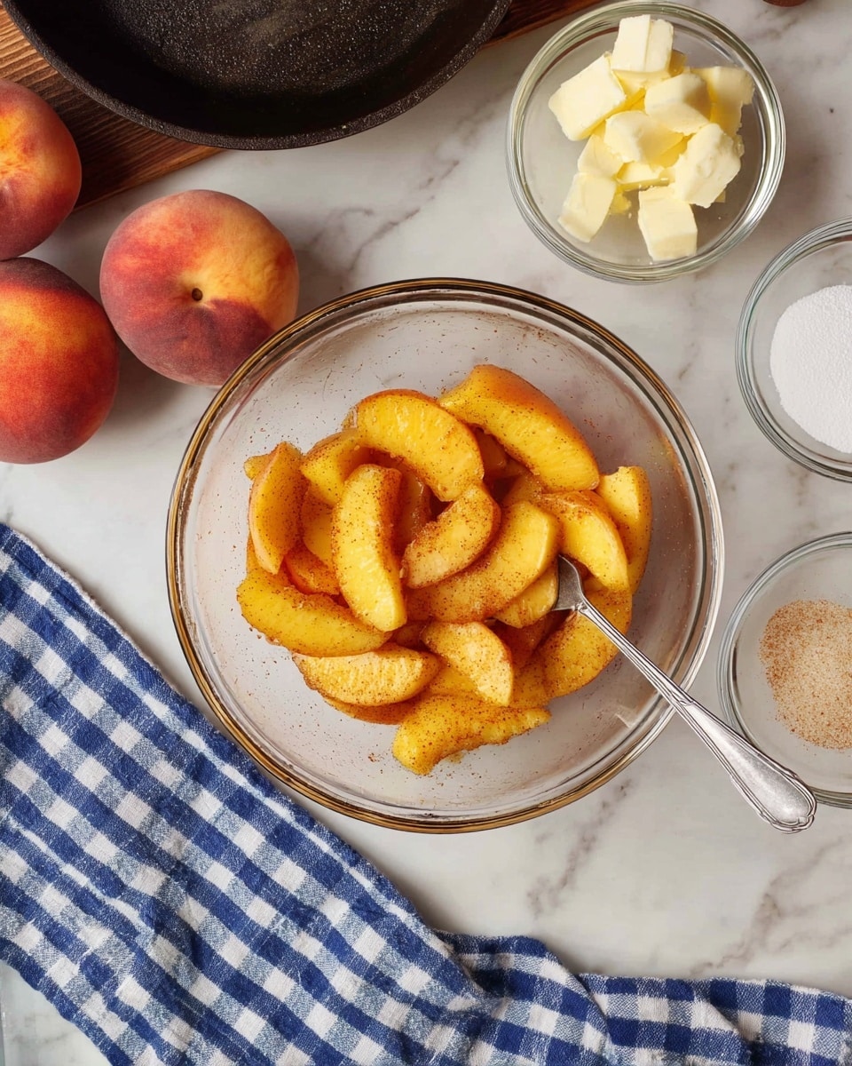The image shows a clear glass bowl filled with sliced peach wedges that are coated with a light layer of cinnamon or brown spice, giving the fruit pieces a warm orange and yellow tone. A silver fork rests inside the bowl on the right side. Around the bowl, there are small clear glass bowls holding white chunks of butter, coarse salt, and light beige powder, all placed on a white marbled surface. To the left, two whole peaches with soft fuzz are visible, and a dark cast iron pan sits near the top left corner. A blue and white checkered cloth is partially visible at the bottom right. photo taken with an iphone --ar 4:5 --v 7