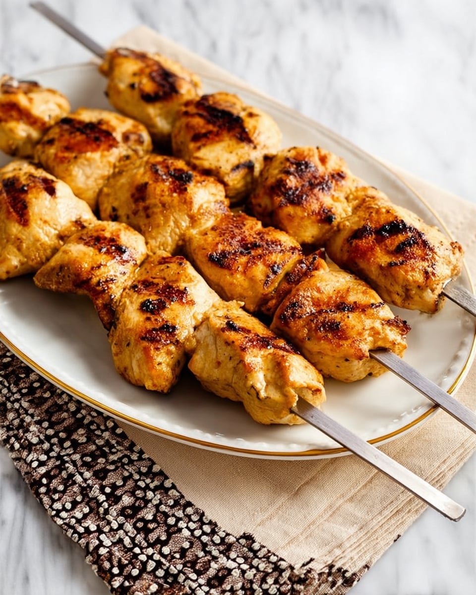 The image shows four metal skewers lined up on a white plate with thin gold rim. Each skewer holds several pieces of grilled, light golden brown chicken pieces with darker grill marks, showing a slight char. The chicken pieces are plump and juicy, evenly spaced on the skewers. The plate rests on a folded patterned beige and black cloth, and the whole scene is set against a white marbled surface. Photo taken with an iphone --ar 4:5 --v 7