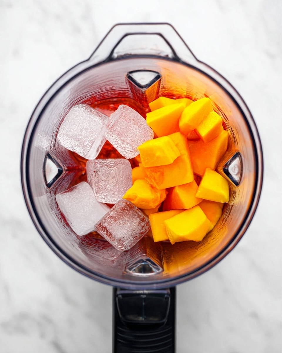 The image shows a clear blender container filled with three main layers: large clear ice cubes on one side, bright orange mango chunks on the other side, and a reddish liquid covering the ice and mango inside the blender. The blender has a black handle on the right side, and the background is a white marbled surface. The photo is taken from above, showing all the contents clearly in the blender container. photo taken with an iphone --ar 4:5 --v 7