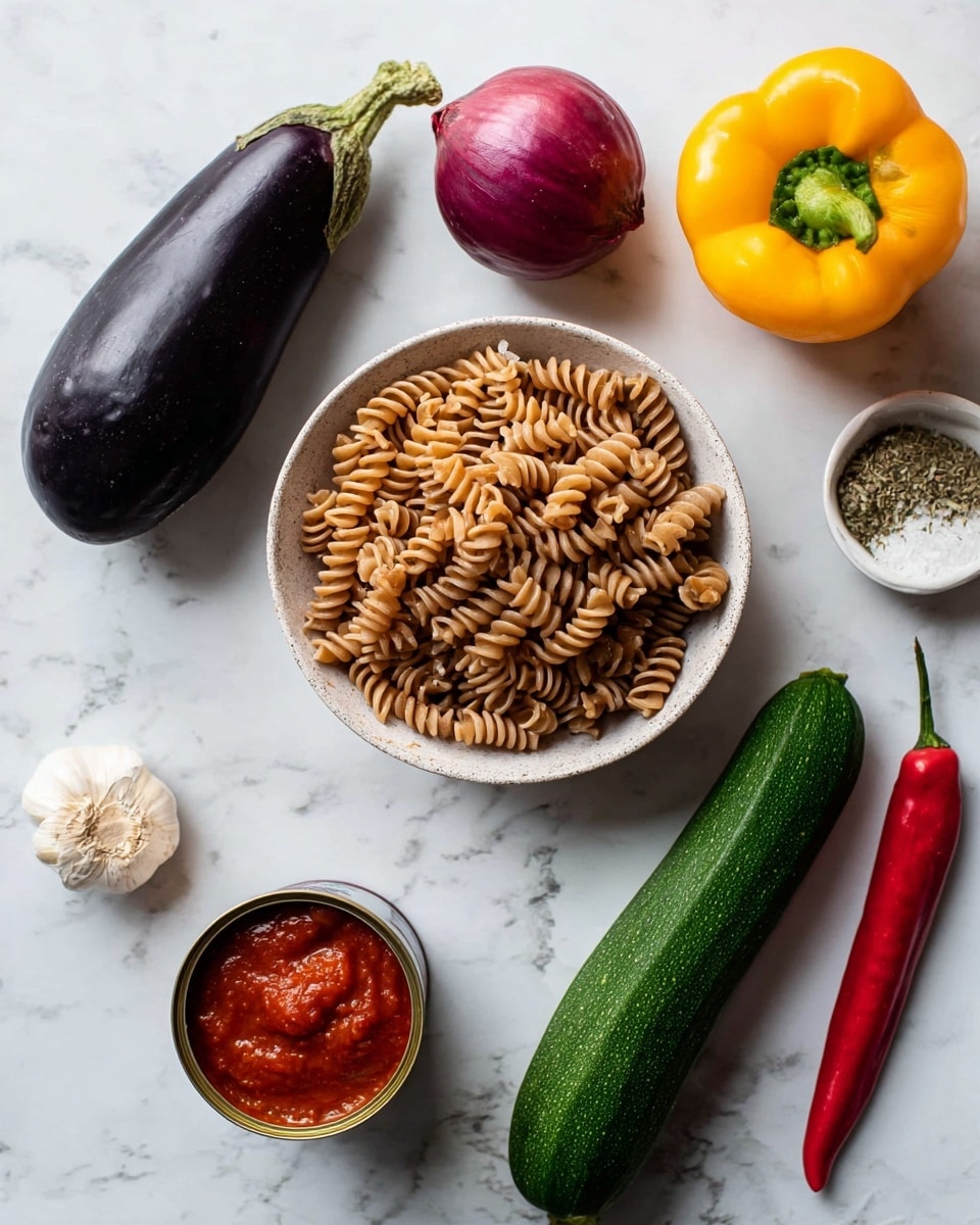 The image shows several ingredients placed on a white marbled surface. There is a bowl filled with brown spiral pasta in the center. Around the bowl, there is a whole dark purple eggplant on the left, a green zucchini below it, and a yellow bell pepper to the right of the zucchini. Near the top right corner, there is a whole red onion and a long red chili pepper next to it. Below the chili pepper, there is an open tin of red tomato sauce with the lid resting beside it. At the bottom left corner, there is a bulb of garlic, and near the top right, a small white dish contains a mix of herbs and salt. Photo taken with an iphone --ar 4:5 --v 7