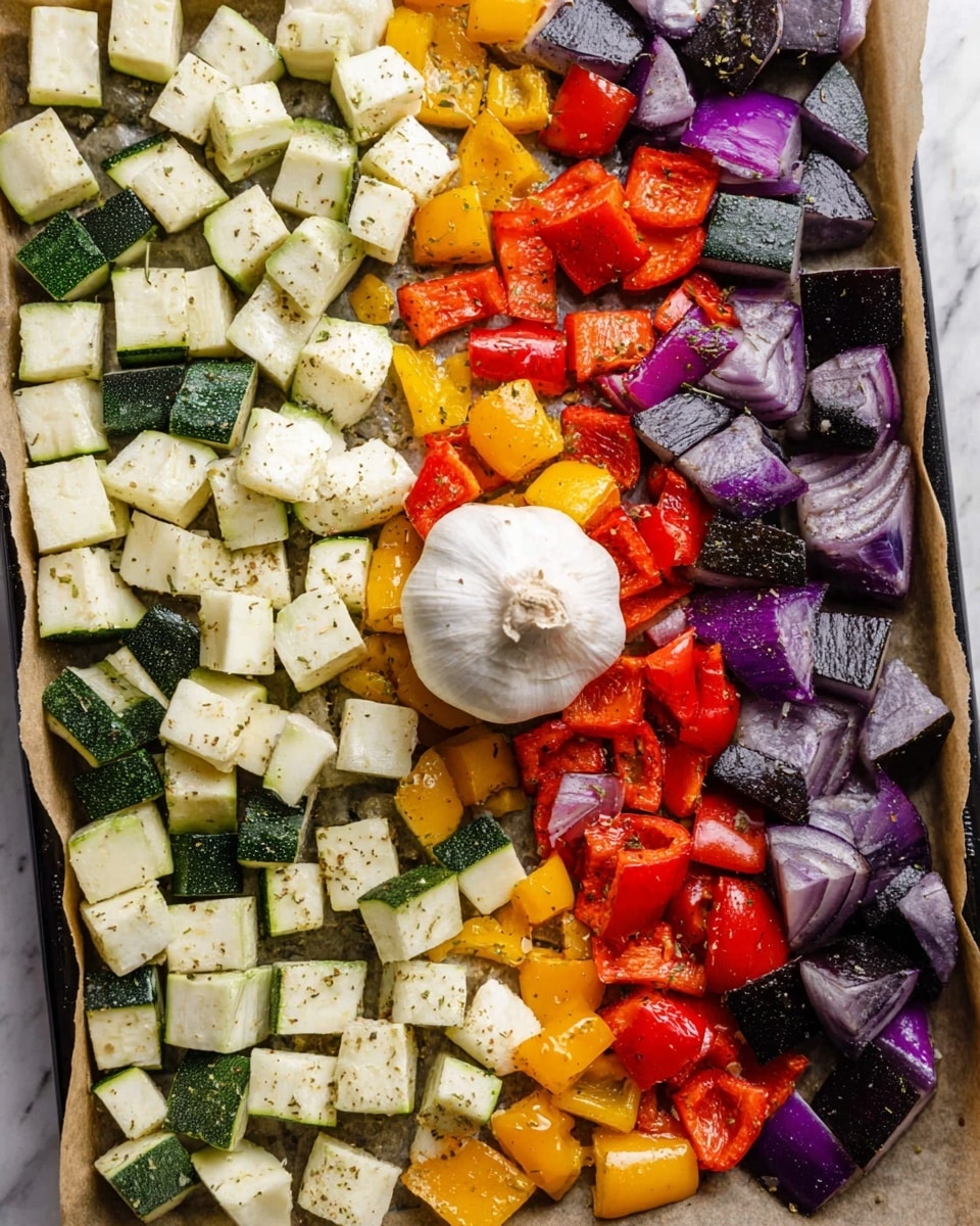 A tray filled with a mix of colorful chopped vegetables layered flat against a parchment paper base, each piece cut into small cubes or wedges. The vegetables include white and green zucchini, deep purple eggplant cubes, bright red and yellow bell pepper pieces, and slices of purple onion, all speckled with fine herbs and spices. In the center of the tray, a whole garlic bulb sits intact, adding contrast with its white color and round, textured surface. The background is a white marbled texture. photo taken with an iphone --ar 4:5 --v 7