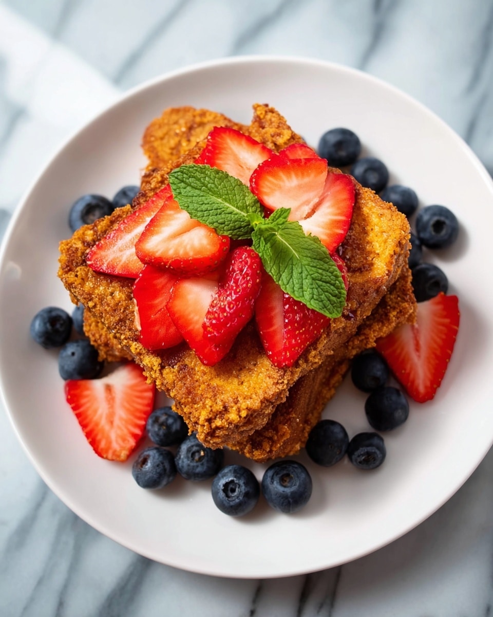 Two pieces of golden brown fried French toast are stacked on a white plate, topped with three red strawberry slices and fresh green mint leaves. Around the toast and plate, there are many dark blue blueberries scattered. In the background, a small white bowl filled with light brown syrup sits on a white marbled surface, along with some whole strawberries and blueberries. The scene is bright and clean, showing a fresh, inviting breakfast photo taken with an iphone --ar 4:5 --v 7