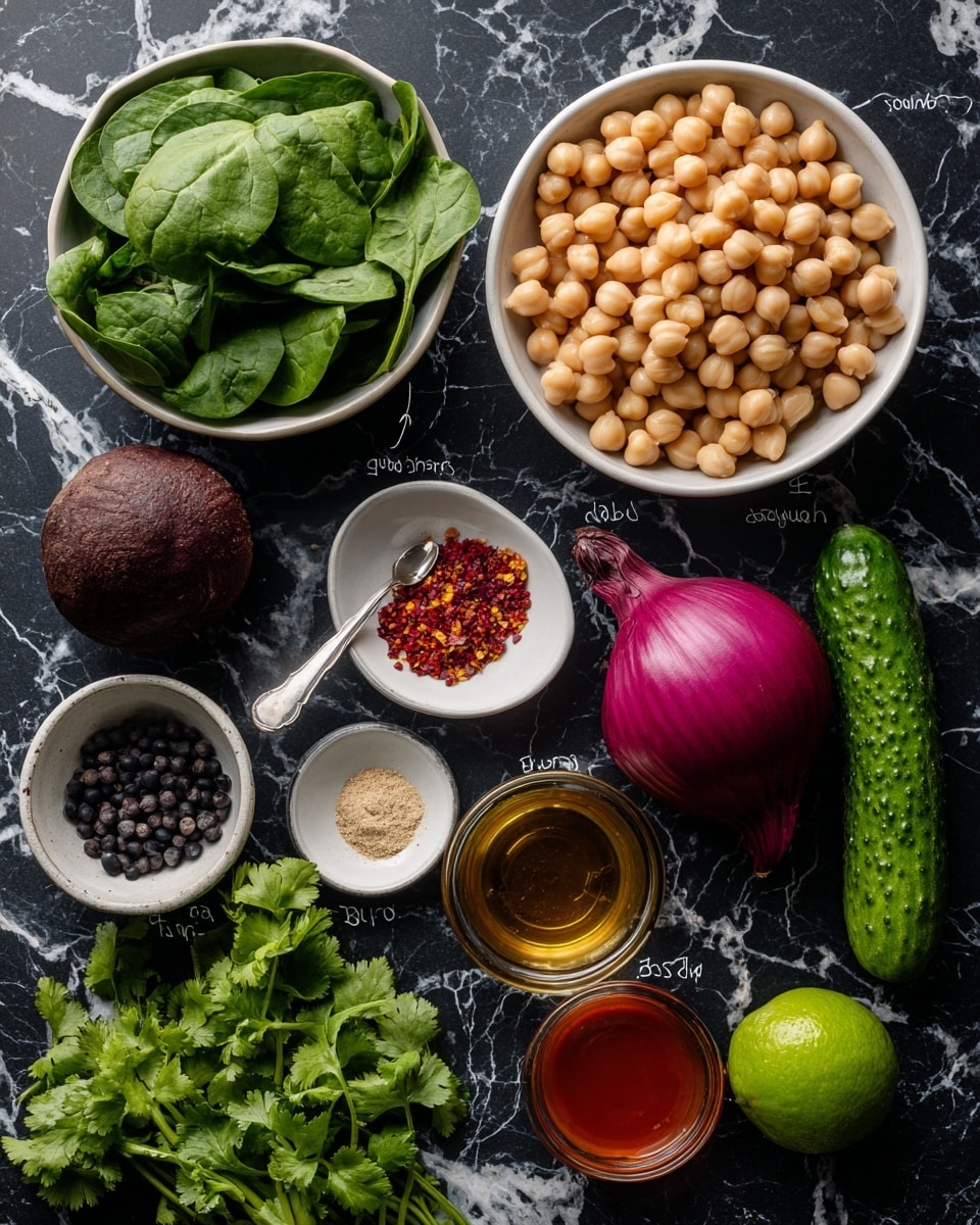 The image shows ingredients neatly arranged on a dark surface with labels. There is a white bowl full of beige chickpeas near the top center. To its left is a white bowl filled with fresh green spinach leaves. Below the chickpeas is a round dark brown beet. Toward the top right are a purple onion and a long bright red pepper. A green cucumber stretches diagonally across the middle. In the lower section, a small white dish holds red pepper flakes, next to it is a small spoon with a light brown powder labeled garlic powder, and a small white bowl contains black onion seeds. To the right of these are three small clear bowls filled with orange-red sweet chili sauce, pale oil, and clear vinegar. Near the bottom left are bunches of fresh cilantro with bright green leaves, and at the bottom right, a whole green lime is placed. The background is a white marbled texture photo taken with an iphone --ar 4:5 --v 7