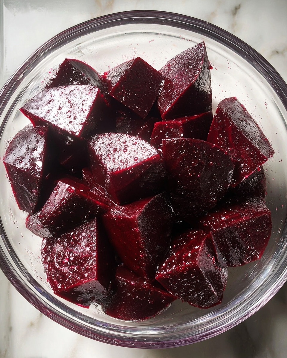 In the image, there is a clear glass bowl filled with dark red beet pieces. The beet pieces are cut into irregular thick chunks, showing a shiny and moist texture. Each beet piece has a smooth surface with a glossy finish, and there are small water droplets on the beet pieces and inside the bowl. The bowl sits on a white marbled surface, giving a clean and fresh look. photo taken with an iphone --ar 4:5 --v 7