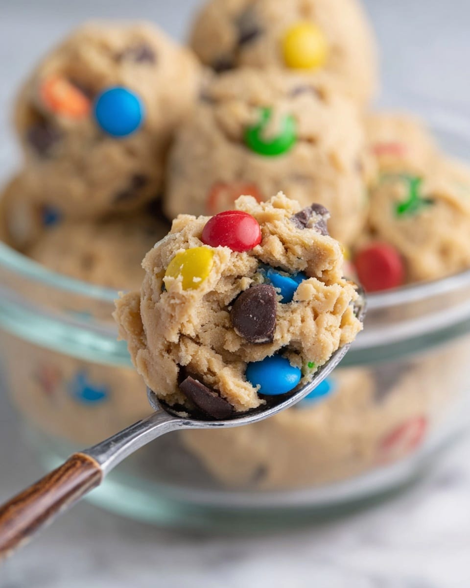 A close-up view of a spoonful of raw cookie dough with colorful round candies and large chocolate chips mixed in. Behind the spoon, a clear glass bowl is filled with several rounded scoops of the same dough, showing a light brown, crumbly texture with bright red, green, yellow, and blue candies embedded throughout. Both the spoon and the bowl sit on a white marbled surface with a slight blur background. Photo taken with an iphone --ar 4:5 --v 7