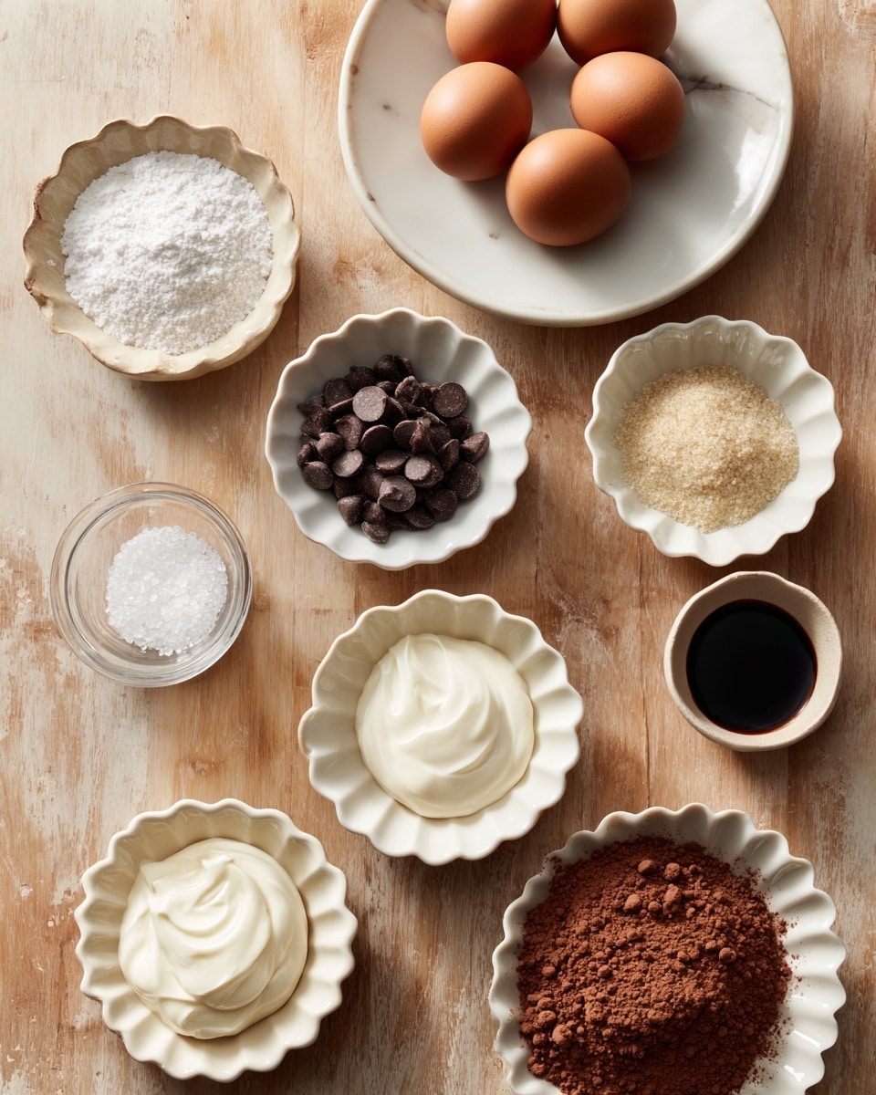 A wooden surface with a white marbled texture background holds eight small white dishes and cups, each containing a single baking ingredient. At the center back, a shallow white bowl holds five brown eggs with smooth shells. To the right, a small white bowl is filled with dark chocolate chips showing a slightly shiny texture. Next, a small white bowl contains light beige sugar granules. On the front left, a shallow white bowl is filled with white salt crystals. Two small glass cups in the front center hold white heavy cream and pale beige half & half cream. To the right of these is a scalloped white bowl filled with light brown cocoa powder showing a powdery texture spread unevenly. Finally, a very small white bowl at far right holds dark vanilla extract, appearing almost black with a glossy surface. photo taken with an iphone --ar 4:5 --v 7
