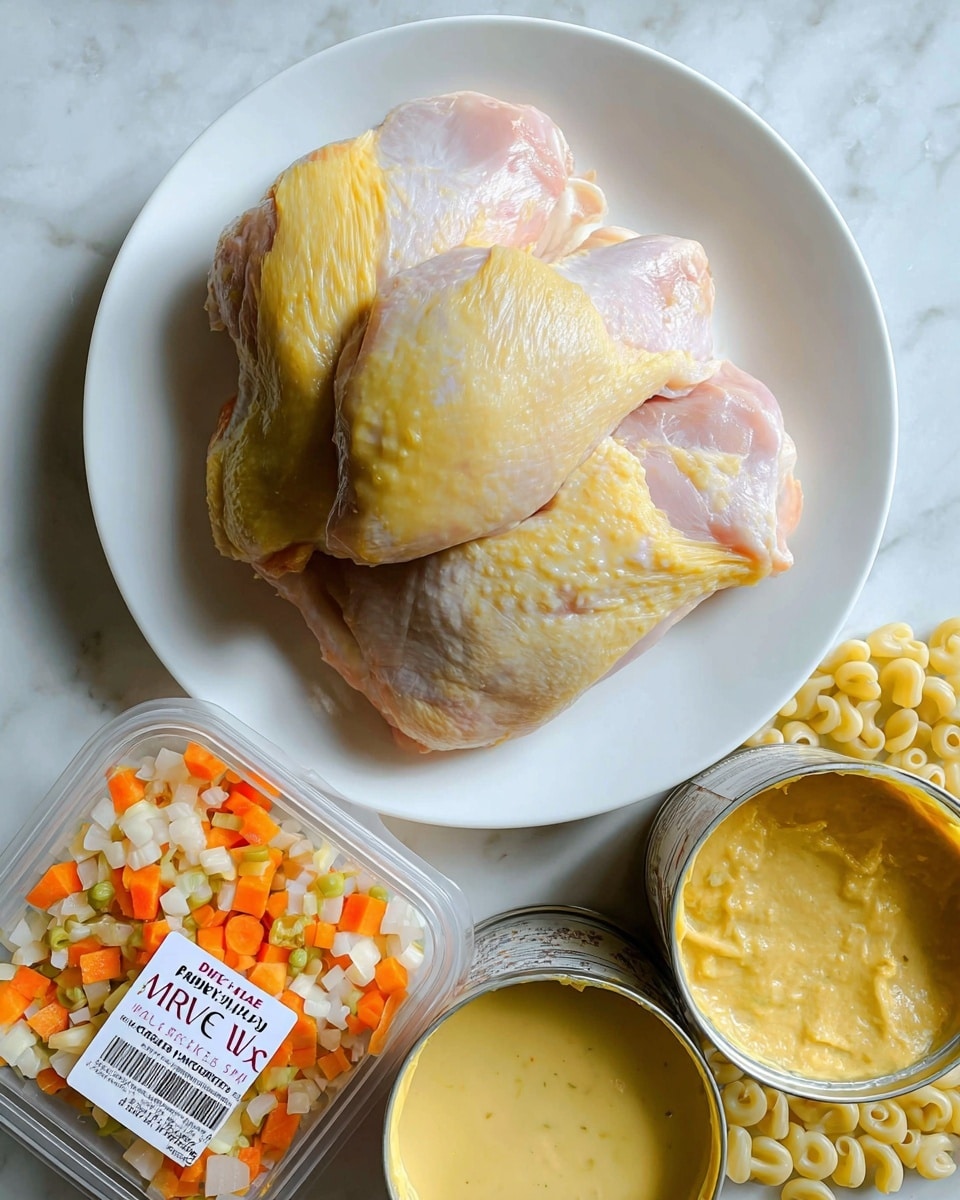 On a white plate, there are three pieces of raw chicken with yellowish skin and light pink flesh showing, stacked slightly on top of each other. Below the plate on a white marbled surface, there is a clear plastic container with diced vegetables showing orange, white, and light green colors labeled