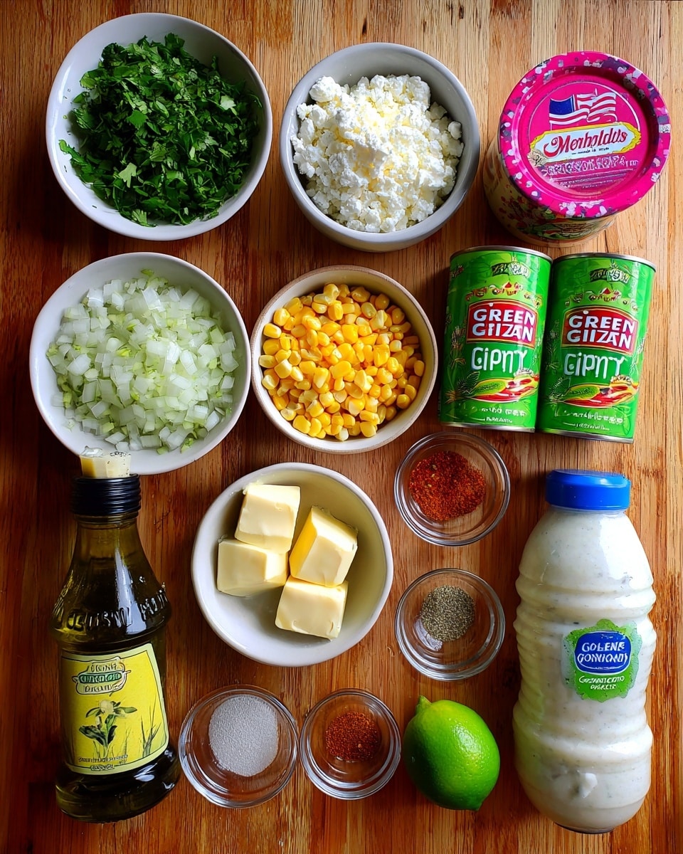 The image shows a wooden surface with various ingredients neatly arranged for a recipe. On the top left, there is a small white bowl filled with bright green chopped coriander leaves. Next to it, a white bowl contains white crumbly cheese, labeled as Cotija or feta. To the right, there is a pink and white container of soured cream with British flag branding. Two green cans of corn labeled