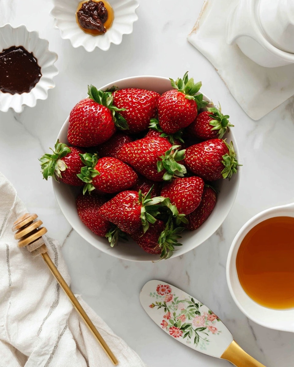 A white saucepan with a black handle is filled with a bubbly, chunky red strawberry mixture, showing different shades of red and pink with a thick texture. To the top right, there is a white bowl filled with fresh whole strawberries, bright red with green leafy tops. To the left of the saucepan, a white spatula with a floral pattern on the head and a gold handle rests on a white cloth. A gold jar lid and a clear glass of water are also placed nearby on a white marbled surface. photo taken with an iphone --ar 4:5 --v 7