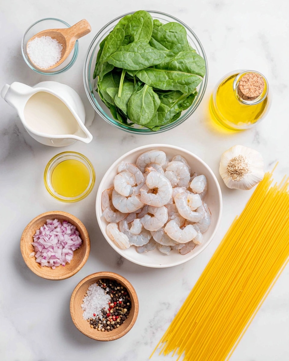 A top view of cooking ingredients placed on a white marbled surface, including a round white bowl with raw peeled shrimp in the center, a clear glass bowl filled with fresh green spinach leaves at the bottom left, a small white pitcher with cream to the left, and a small glass container with yellow oil beside it. To the right, uncooked yellow spaghetti lies flat and long across the surface. Near the top, two round wooden bowls hold mixed peppercorns and coarse salt, each with a small wooden scoop inside, and a bulb of garlic sits near a small white bowl with chopped red onions. A glass bottle with light yellow oil completes the arrangement. Photo taken with an iphone --ar 4:5 --v 7