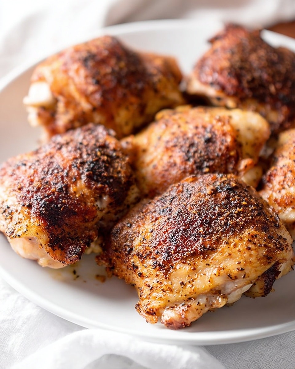 A white plate filled with six baked chicken thighs stacked in a loose pile, each thigh showing a crispy, dark brown seasoned skin with a mix of blackened spices and a slightly oily sheen, sitting on a white marbled surface with soft natural lighting highlighting the textures and golden to dark brown tones of the chicken skin, with a white cloth partially visible in the background photo taken with an iphone --ar 4:5 --v 7