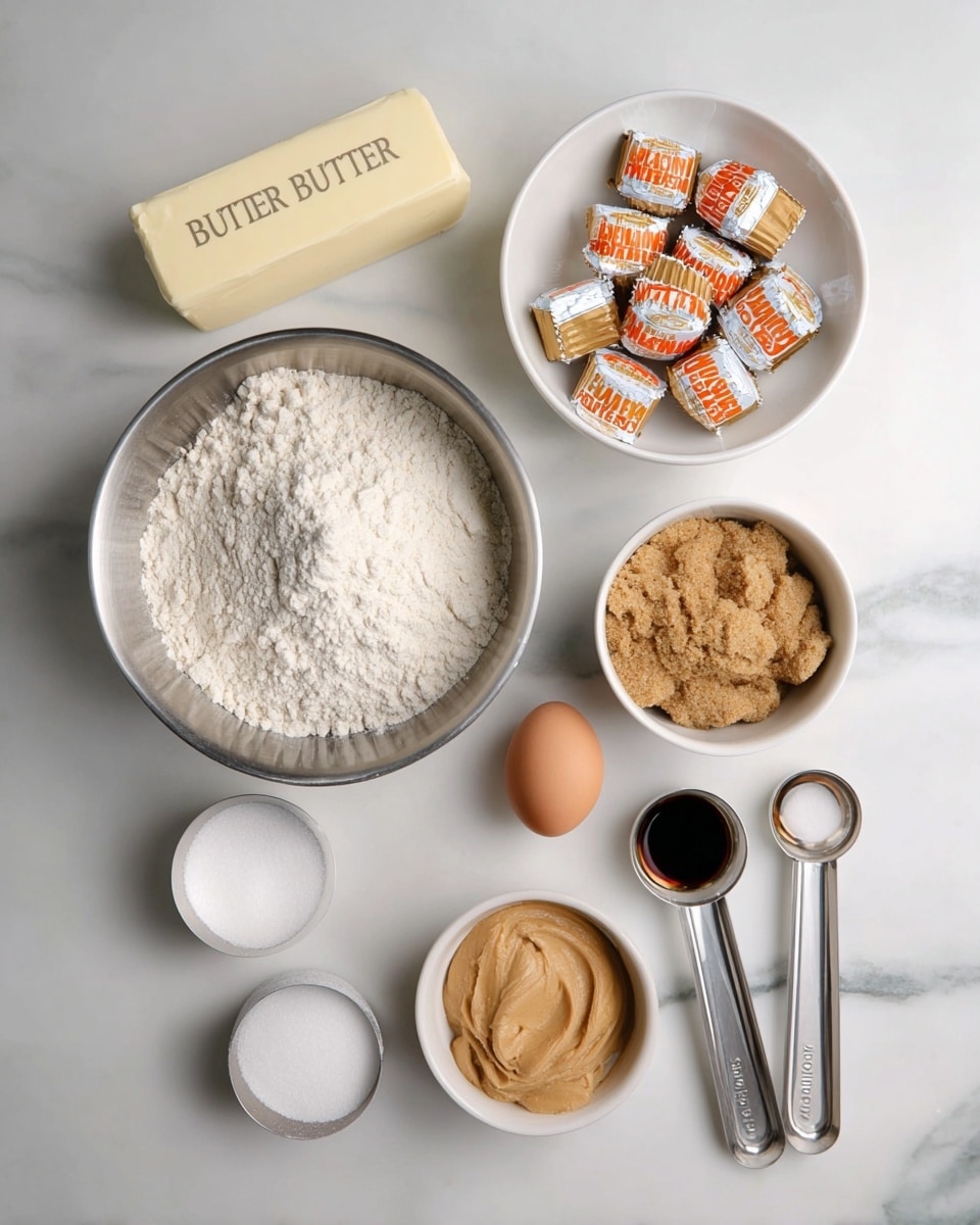 The image shows an overhead view of baking ingredients arranged neatly on a white marbled surface. In the center, there is a round metal bowl filled with white flour. To the top right, a white bowl is full of small wrapped peanut butter cups with orange and gold foil. Next to it, there is a measuring cup with smooth, light brown peanut butter. Below, a white bowl contains brown sugar with a crumbly texture. At the top, a stick of salted butter is placed horizontally. To the left, a white bowl has white granulated sugar. Near the left bottom corner, there is a single brown egg resting on the surface. Three metal measuring spoons hold white baking powder, a dark liquid vanilla extract, and white baking soda, placed diagonally from bottom left to center. The scene looks clean and organized, photo taken with an iphone --ar 4:5 --v 7