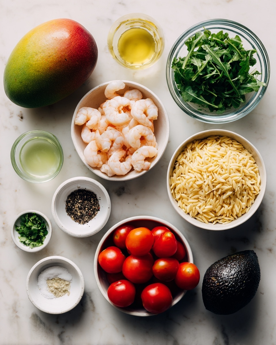 The image shows several ingredients placed neatly on a white marbled surface. At the top left, there is a whole mango with a smooth skin blending green and reddish colors. Next to it on the right, there is a white bowl filled with cooked shrimp, showing pink and white textures. To the top right, a small glass bowl holds fresh green rocket leaves. Below the mango is a white bowl with pale yellow orzo pasta. Near the center, there is a small glass container of clear oil and a small bowl of light green lime juice. A tiny white dish with minced garlic sits nearby. A small round bowl of coarse black pepper and a small dish of salt are placed close to each other further down. Below the orzo, a small bowl with chopped green cilantro is visible, while a white bowl filled with bright red cherry tomatoes is beside it. To the right of these, a whole white onion with smooth skin sits near a dark green avocado with a rough skin. Photo taken with an iphone --ar 4:5 --v 7