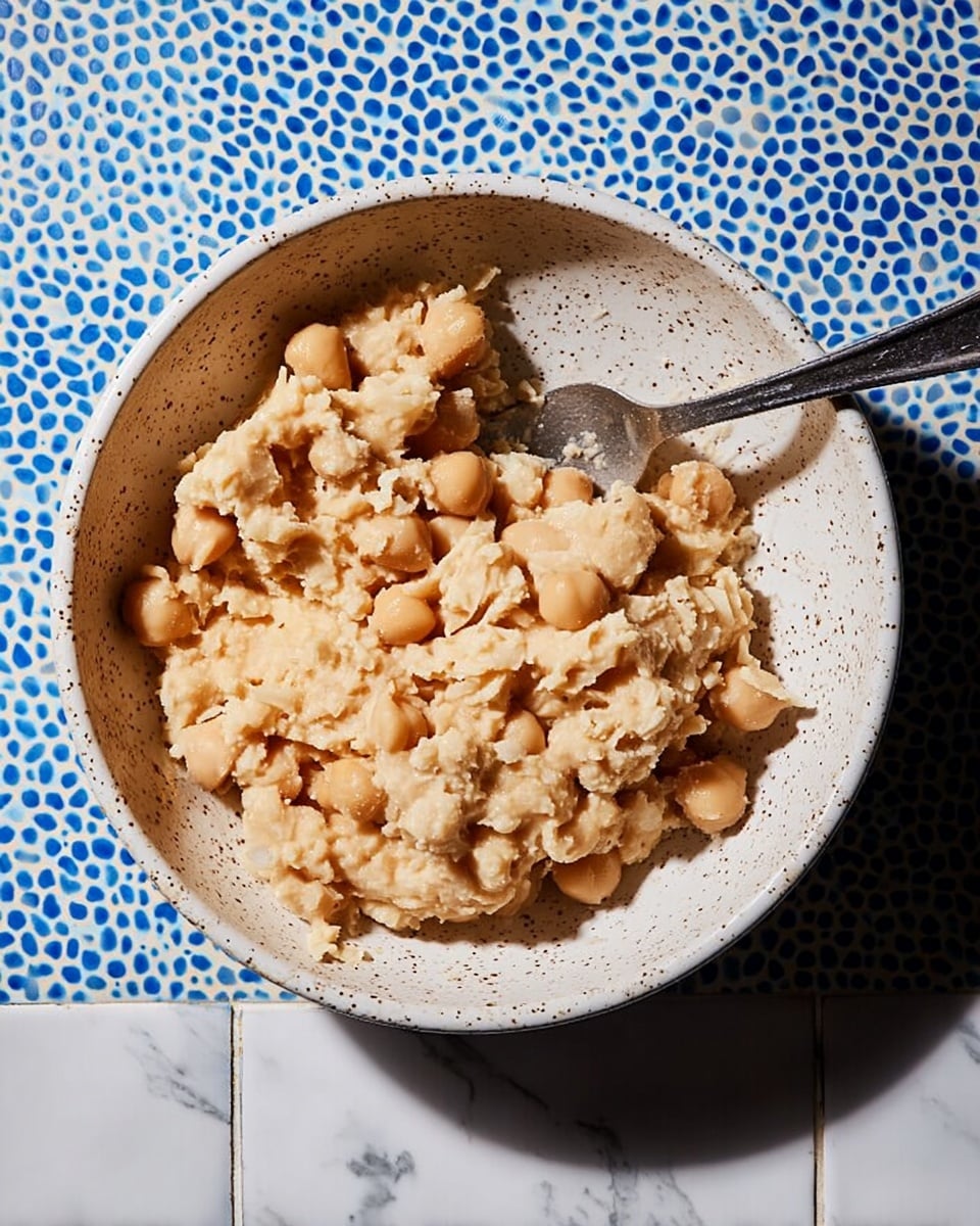 A shallow white speckled bowl sits on a white marbled surface with a blue tile pattern in the background. Inside the bowl is a single layer of chunky, pale beige chickpeas, partially mashed with some whole beans visible, creating a mix of smooth and uneven textures. A silver fork rests inside the bowl, slightly pressing into the chickpeas. The lighting casts soft shadows around the dish, highlighting the mix of smooth and rough bean pieces. photo taken with an iphone --ar 4:5 --v 7