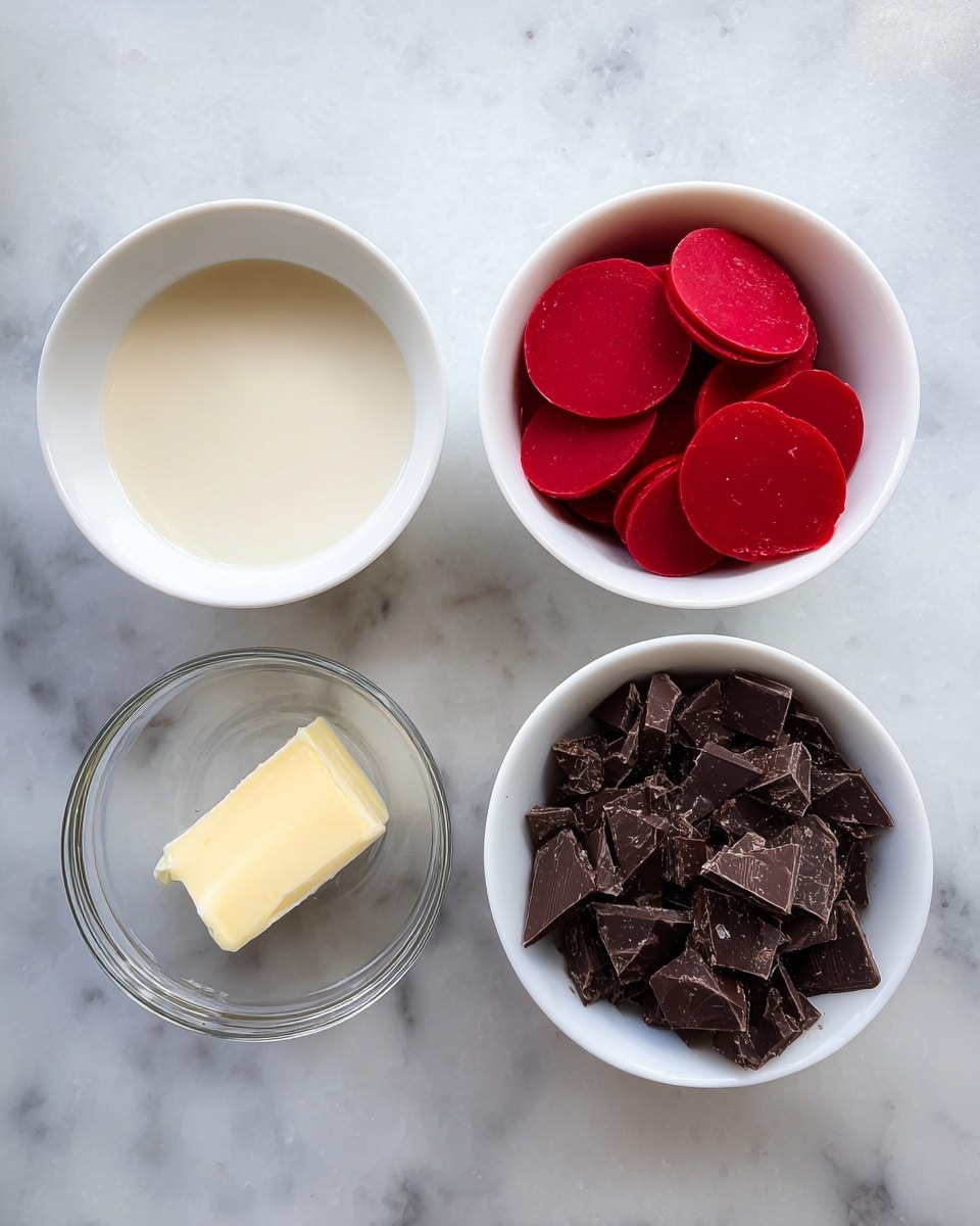 Three white bowls and one small clear glass bowl are arranged on a white marbled surface. The first white bowl on the left holds a light cream liquid. The middle white bowl contains bright red, round slices stacked loosely. The third white bowl on the right is filled with dark brown broken chocolate pieces. Below the three bowls, the small clear glass bowl holds a small block of pale yellow butter. The photo looks bright and clear, taken from above, focusing on the ingredients. photo taken with an iphone --ar 4:5 --v 7