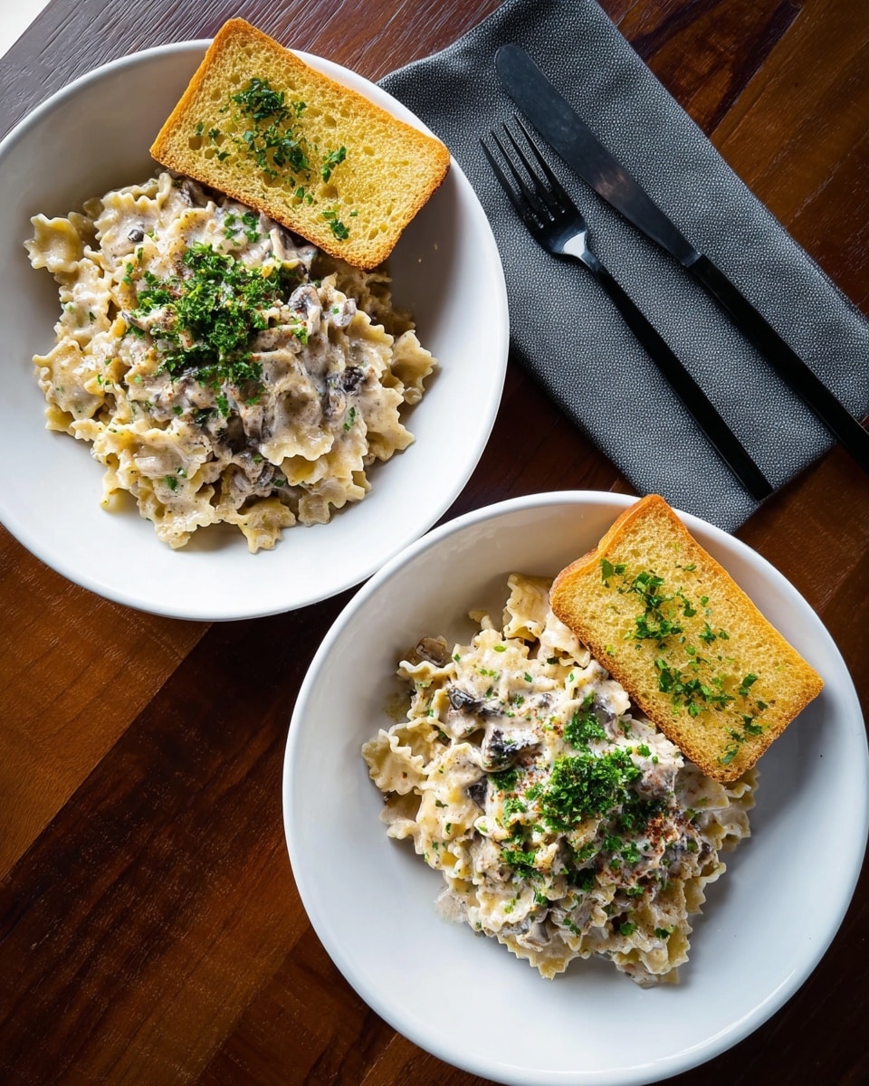 Two white plates each hold a pile of wavy-edged pasta with a creamy white sauce mixed with small dark bits, topped with green chopped herbs. Each plate also has two rectangular pieces of golden garlic bread with visible herbs placed on the side. The plates sit on a dark wooden table next to a gray napkin with black utensils. The scene is bright and clear, showing the texture of the pasta and bread very well. Photo taken with an iphone --ar 4:5 --v 7