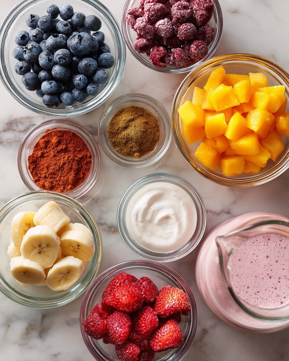 A top view of several small glass bowls arranged on a white marbled surface, each filled with different frozen fruits and ingredients: dark purple blueberries, deep red raspberries, bright orange mango chunks, red strawberries cut in halves, a small bowl of ground maqui berry powder, a tiny bowl with brown cinnamon powder, a bowl of white creamy yogurt, and a bowl holding two peeled banana segments. A clear glass jug filled with light pink coconut water is also present at the bottom right. Each bowl is clear and round, showing the vibrant colors of the contents inside, all neatly spaced apart. photo taken with an iphone --ar 4:5 --v 7