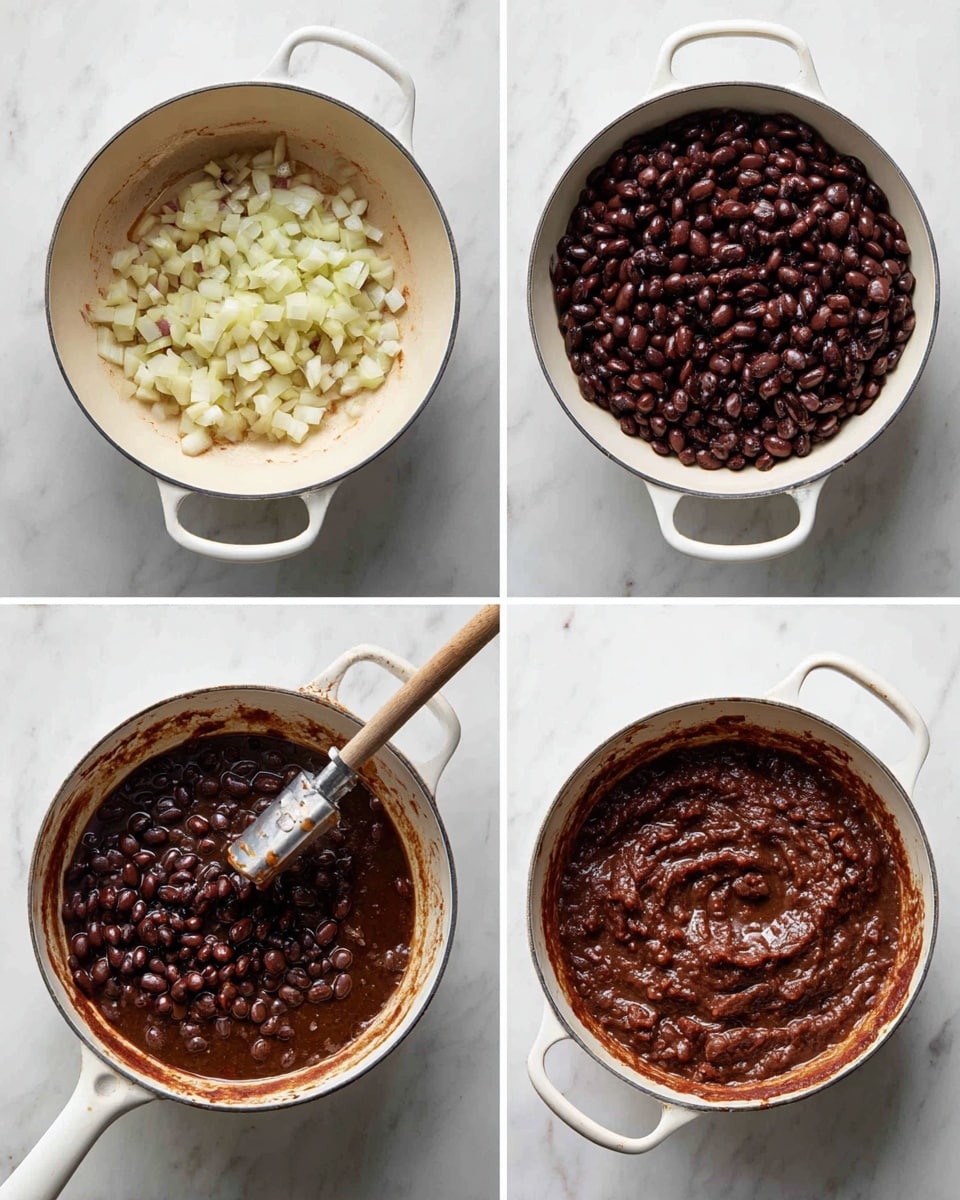 A set of four images showing the cooking process of black beans in a white cast iron pan placed on a white marbled surface. In the first image, the pan has a layer of small, diced pale yellow onions being cooked. The second image shows the pan filled with dark brown to black beans cooking in a thick sauce. The third image captures the same thick sauce and beans with a mash tool breaking some beans, showing a slightly mashed texture and creamy brownish-black color. The fourth image displays the fully cooked beans mashed into a mostly smooth rich brown layer with some whole beans remaining, all inside the white pan. photo taken with an iphone --ar 4:5 --v 7