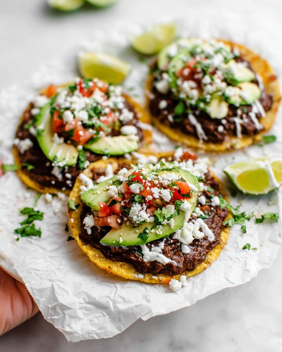 Three tostadas sit on white crumpled paper over a white marbled surface. Each tostada has a base layer of yellow crispy tortilla, topped with a thick spread of dark brown refried beans. On top of the beans, there are fresh slices of light green avocado, bright red diced tomatoes mixed with green herbs, and sprinkled white crumbled cheese. A drizzle of white creamy sauce is visible over the toppings. Around the tostadas, there are lime wedges with green skin and pale yellow inside, some fresh green herb leaves scattered. The image is bright and fresh-looking, with a woman's hand holding one tostada slightly in the background. Photo taken with an iphone --ar 4:5 --v 7