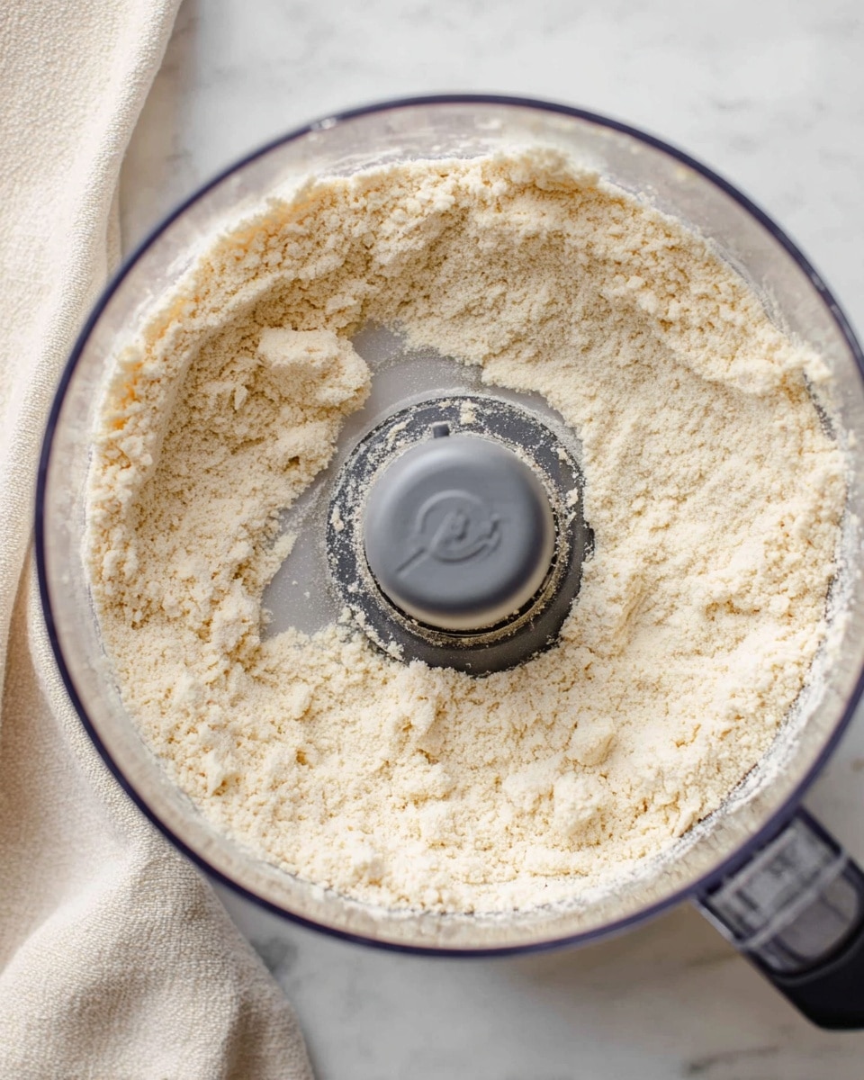 A clear food processor bowl filled with a light beige, powdery mixture that looks soft and crumbly, with a few small clumps scattered throughout. The bowl sits on a white marbled surface and a beige cloth is partially visible on the left side. The food processor's central blade holder is dark gray and centered, surrounded by the even layer of mixture. The top-down view shows the texture closely with no other colors or layers present. Photo taken with an iphone --ar 4:5 --v 7