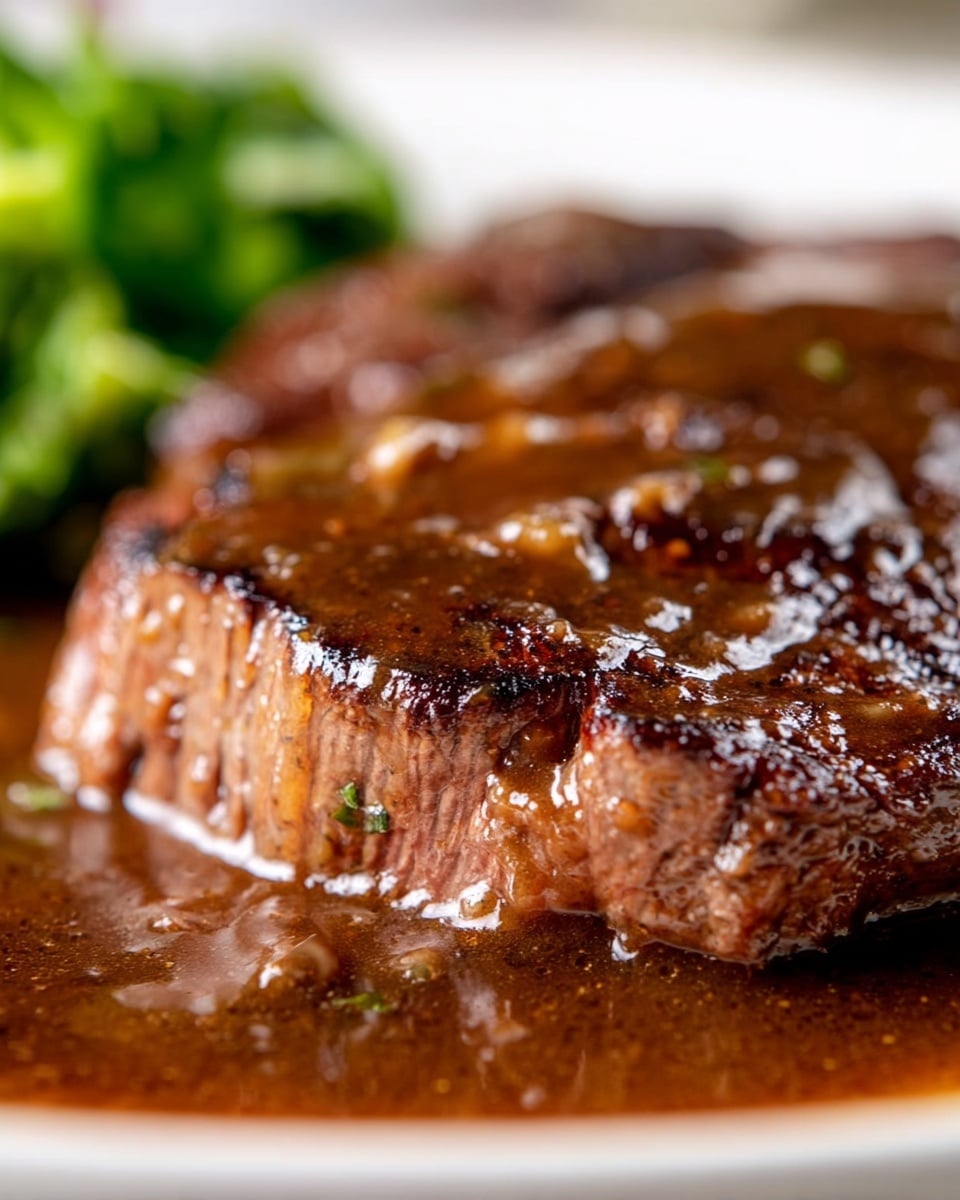 A close-up view of a cooked steak served on a white plate sitting on a white marbled surface. The steak has a rich brown outer crust with visible searing and a moist, slightly pink center showing its tenderness. The steak is covered with a glossy, thick brown sauce that pools around the edges. In the blurry background, there is a small portion of green leafy vegetables adding a fresh contrast. The image focuses on the juicy texture and the savory look of the steak. photo taken with an iphone --ar 4:5 --v 7