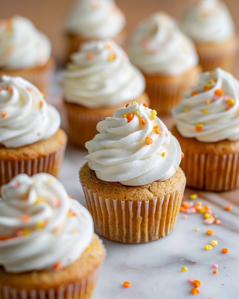 A close-up of a single cupcake with one layer of golden-brown cake at the bottom and a thick swirl of creamy off-white frosting on top, showing soft, smooth texture and slightly speckled appearance. In the background, several similar cupcakes with the same two layers blend softly out of focus, all sitting on a white marbled surface. The cupcake liners are a light brown paper with a ribbed texture. photo taken with an iphone --ar 4:5 --v 7