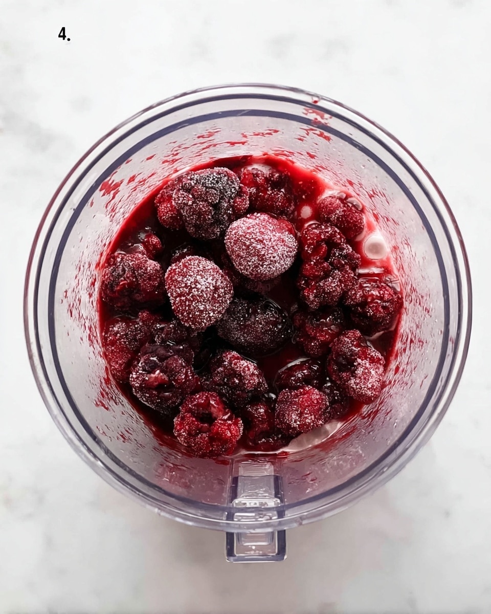 Inside a clear blender container, there is one layer of dark red frozen mixed berries with a frosty texture, sitting in a small amount of reddish juice that slightly bubbles. The berries have varied sizes and shapes, tightly packed together in the center of the container. The container itself is transparent, showing the texture and moisture of the berries clearly, all placed on a white marbled surface. photo taken with an iphone --ar 4:5 --v 7