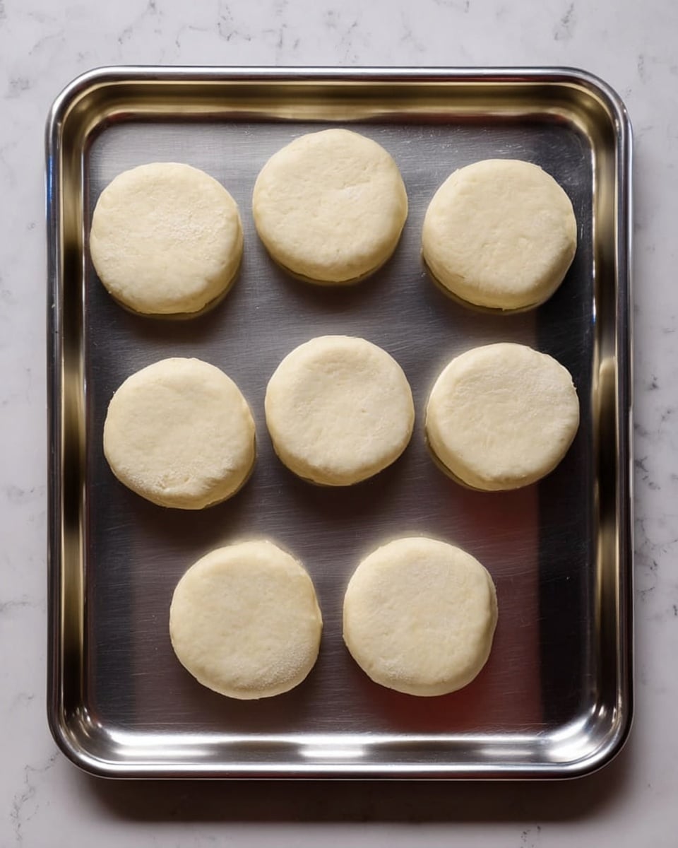 The image shows eight round dough pieces placed evenly in two rows of four on a silver metal tray. The dough pieces are light beige and smooth with a flat top and slightly thick edges, looking soft and uncooked. The tray sits on a surface with a white marbled texture. photo taken with an iphone --ar 4:5 --v 7