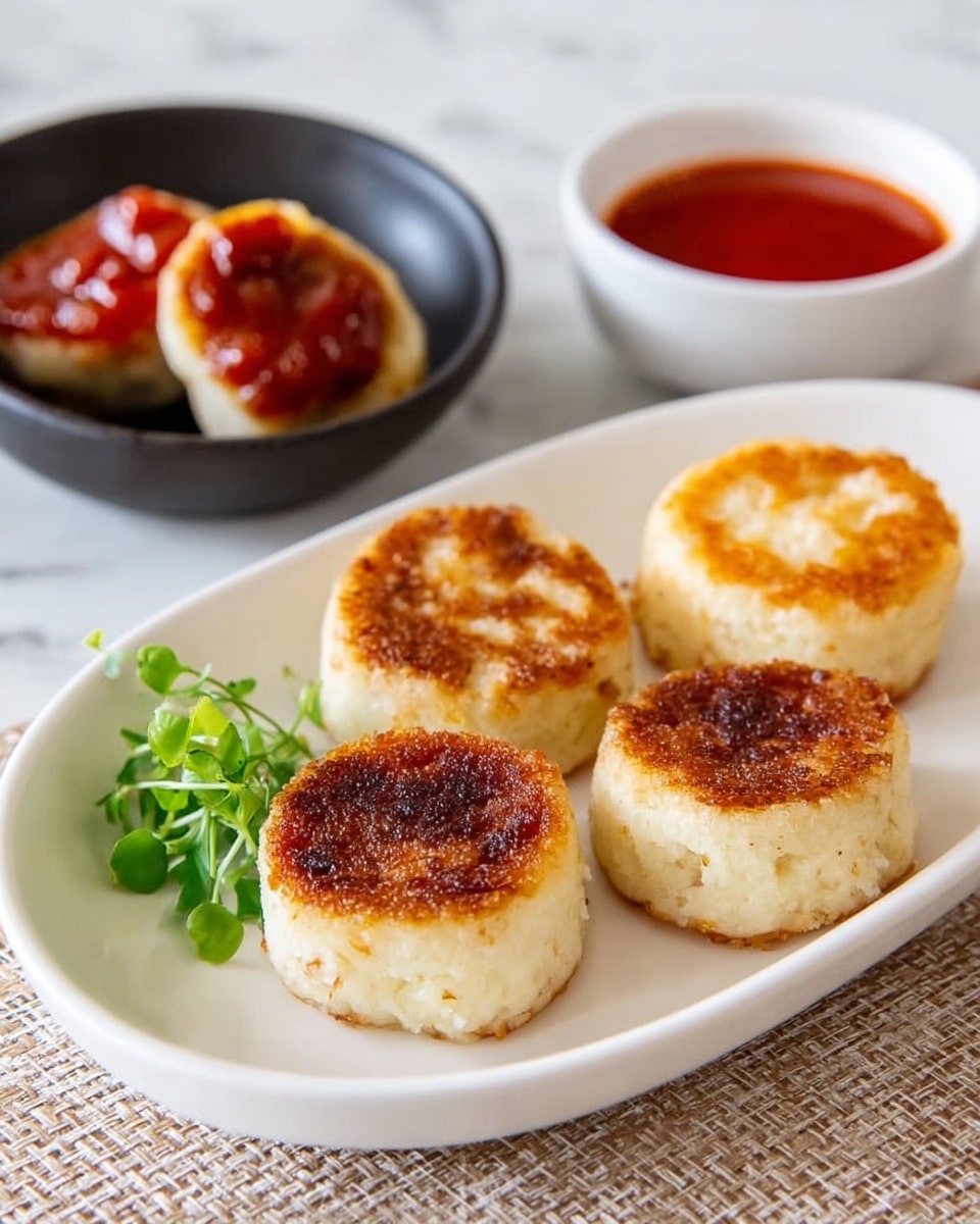 Four small, round cakes with a golden brown top layer are arranged on a white oval plate. The cakes have a soft, slightly textured creamy-colored base with browned, crispy tops. Next to the cakes on the plate is a small sprig of green leafy garnish. In the background, there is a black bowl with two cakes topped with a red sauce, and a small white bowl filled with the same red sauce, all placed on a white marbled textured surface. Photo taken with an iphone --ar 4:5 --v 7