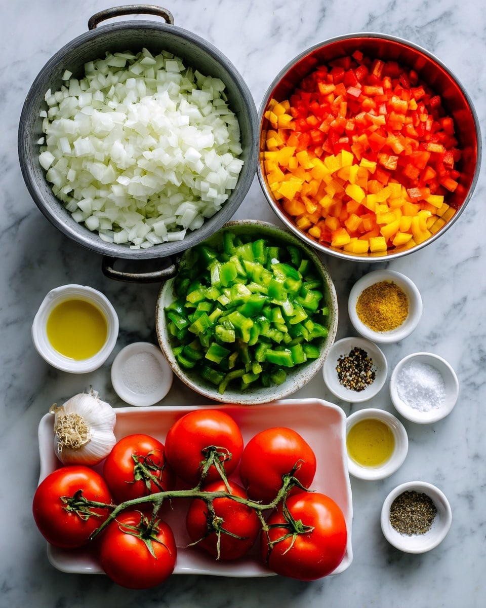 The image shows several bowls and a small tray with fresh ingredients on a white marbled surface. On the top left, a large metal bowl is filled with finely chopped white onions. Next to it on the right, another large metal bowl is divided into three sections: bright orange, yellow, and green chopped bell peppers. Below the onion bowl, a large white tray holds a bunch of whole red tomatoes with green stems. Surrounding these are small white bowls with different ingredients: chopped garlic, light yellow oil, a yellow seasoning mix, black pepper, and white salt. The colors are bright and fresh, showing a variety of textures from smooth to chopped pieces photo taken with an iphone --ar 4:5 --v 7