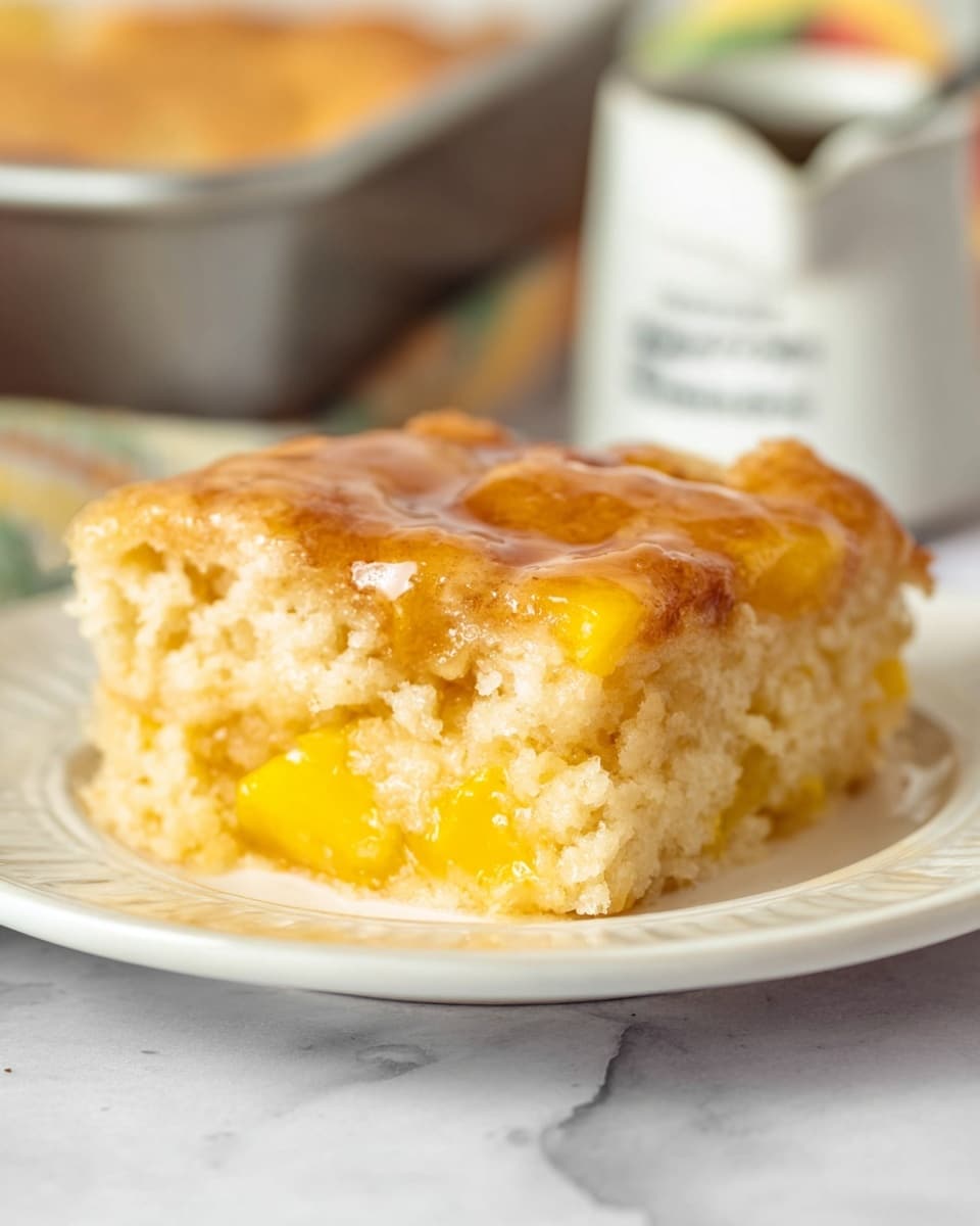 A square piece of soft peach cobbler sits in the center of a white plate, showing two layers: a light golden-brown baked crust on top with a shiny glaze and a thick creamy layer beneath filled with pieces of bright yellow peach. The crust looks slightly crispy while the inside is moist and fluffy, with visible peach chunks peeking at the edges. The plate rests on a white marbled surface with a soft focus baking pan and measuring cup in the blurred background. Photo taken with an iphone --ar 4:5 --v 7