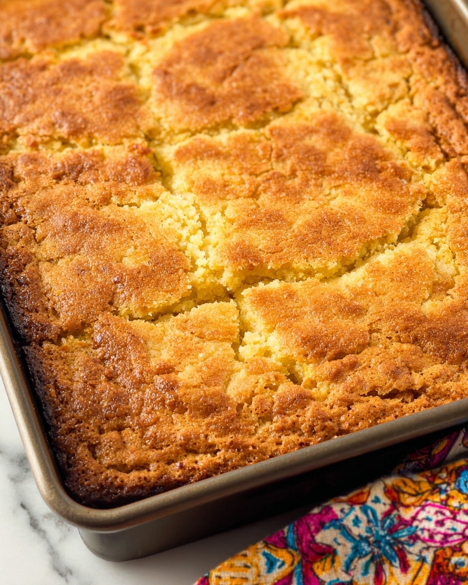 A gray rectangular baking pan holds a baked cornbread cut into square pieces with a golden brown crust. One square piece is lifted by a metal spatula, showing a soft inside with hints of yellow corn kernels. The surface of the cornbread is slightly cracked and textured, with darker browned edges. The pan rests on a white cloth with green leaf embroidery, all placed on a white marbled textured background. Photo taken with an iphone --ar 4:5 --v 7