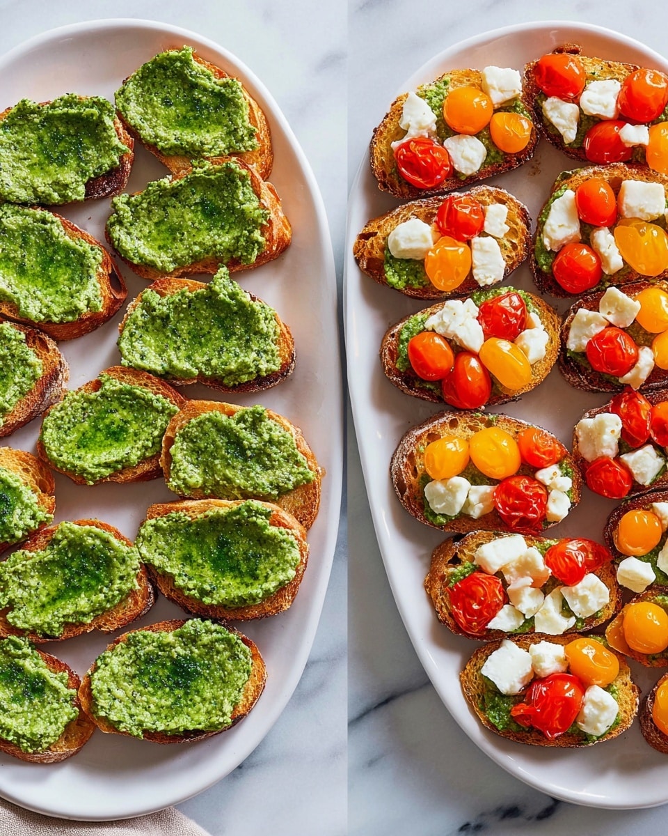 The image shows two white oval plates on a white marbled surface. The plate on the left holds 17 small toasted bread slices with a thick, even green spread on top, creating one smooth green layer on each toast. The plate on the right also has 17 toasted bread slices with the same green spread layer at the bottom, topped with a second layer of small white cheese pieces that look soft and uneven. The final layer consists of halved red and orange cherry tomatoes scattered on top, adding bright spots of color. The toasts are arranged closely together, filling both plates. Photo taken with an iphone --ar 4:5 --v 7